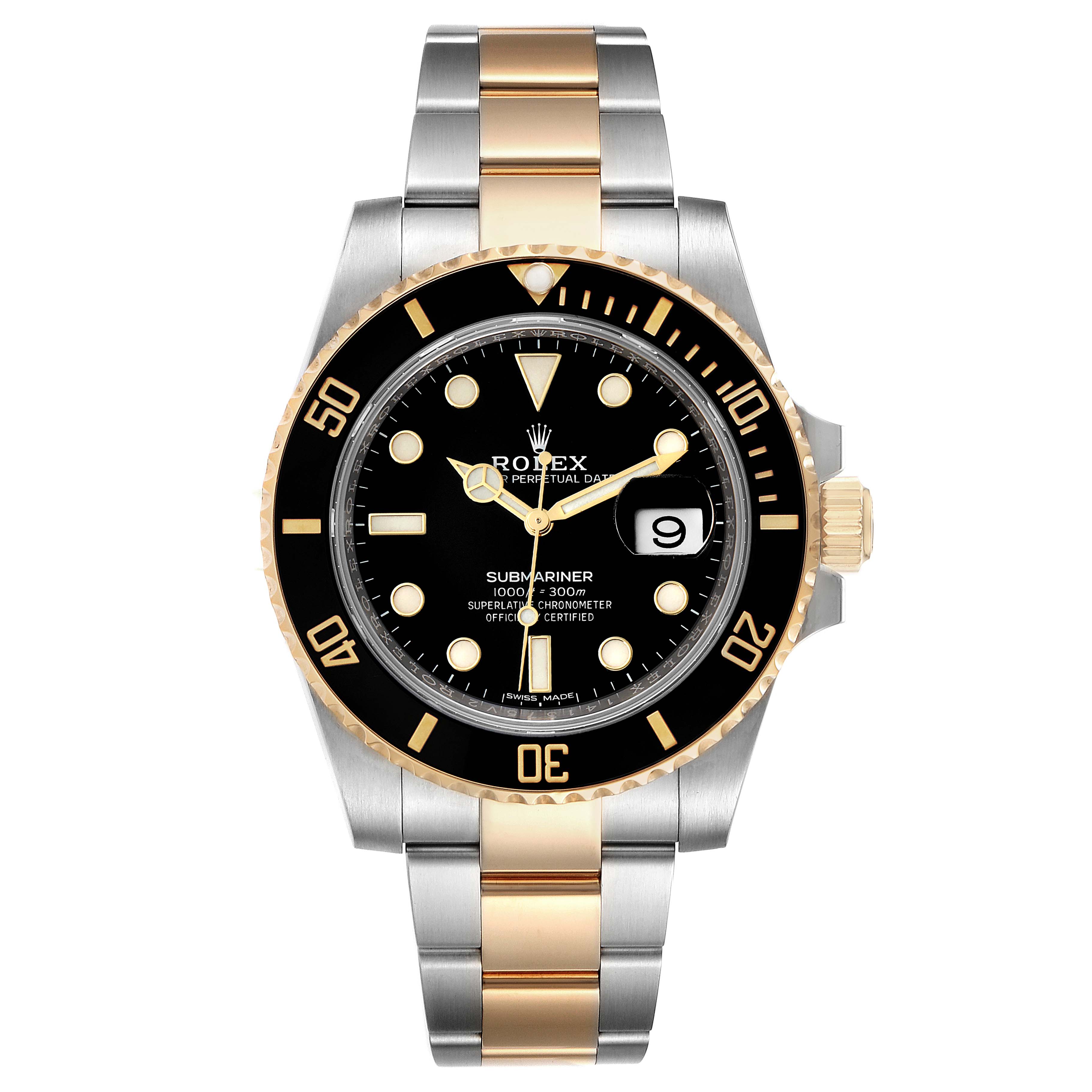 This image shows a Rolex Submariner 116613 Men's Steel and Gold (two tone) Black Dial 116613 Men's Steel and Gold (two tone) Black Dial watch from the front, highlighting its black dial, bezel, and two-tone metal bracelet.