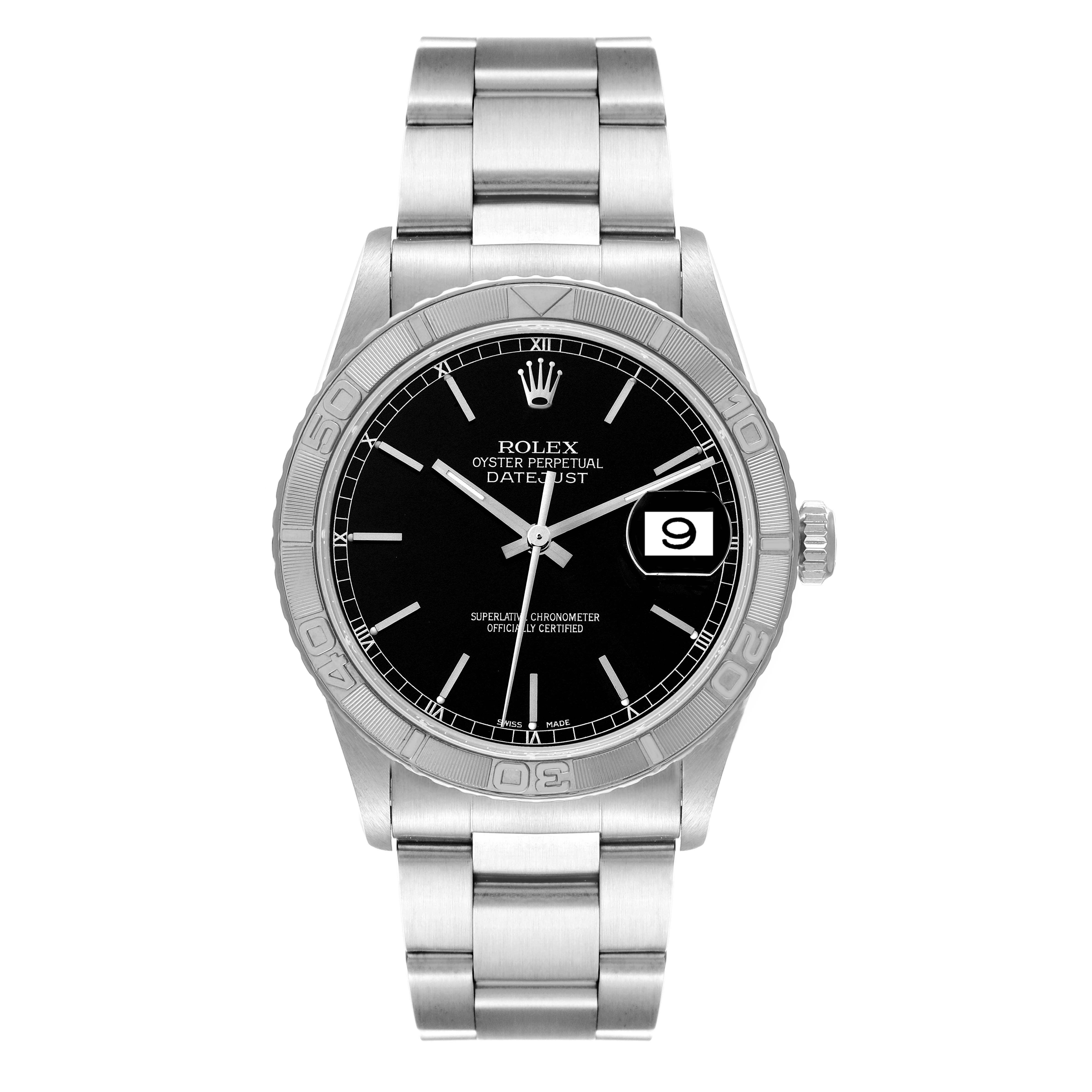This image shows a front view of the Rolex Turn-o-Graph 16264 Men
s Stainless Steel Black Dial 16264 Men
s Stainless Steel Black Dial watch, displaying its dial, bezel, and bracelet.