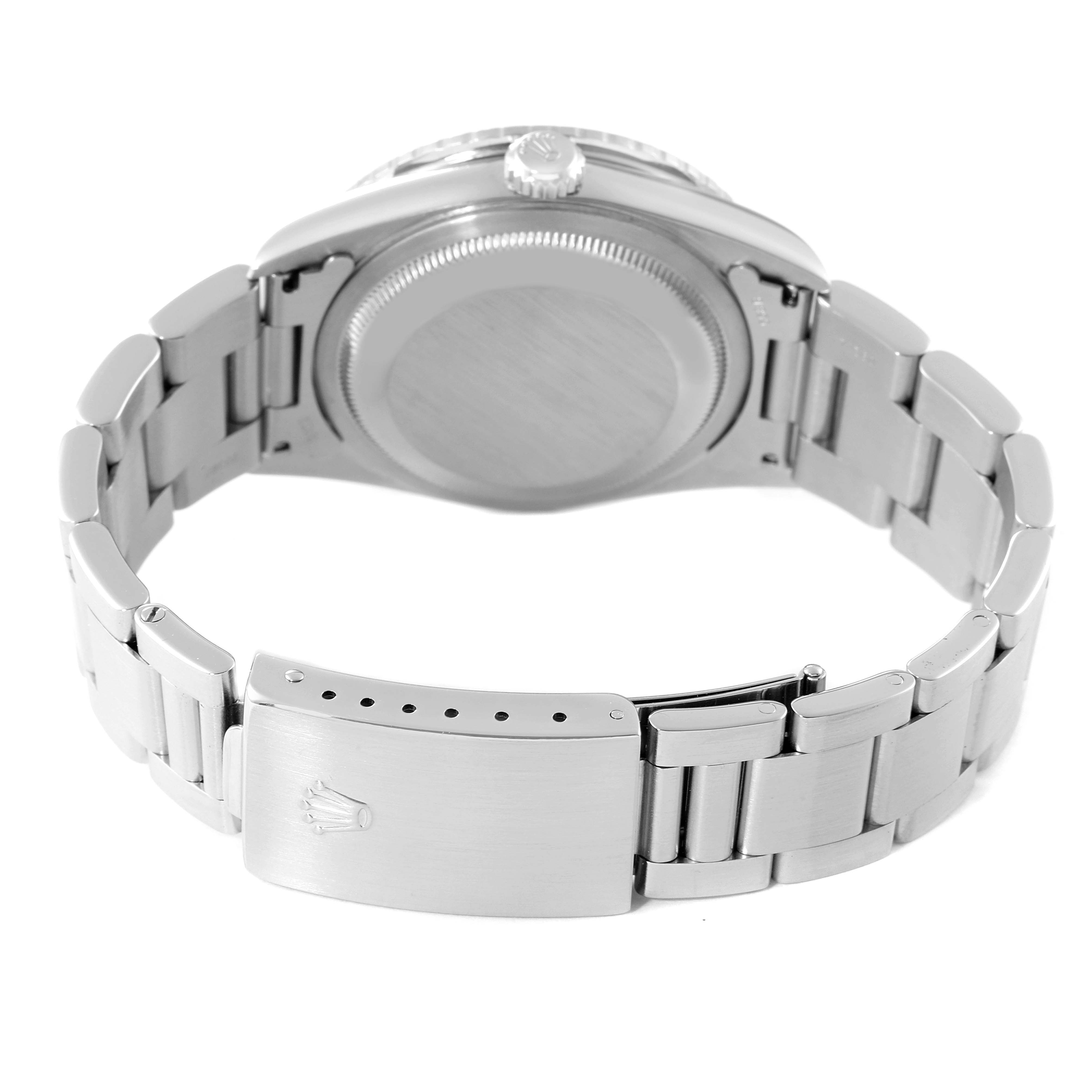 This is a rear view of the Rolex Turn-o-Graph 16264 Men
s Stainless Steel Black Dial 16264 Men
s Stainless Steel Black Dial watch, showing the case back and the closed clasp of the bracelet.