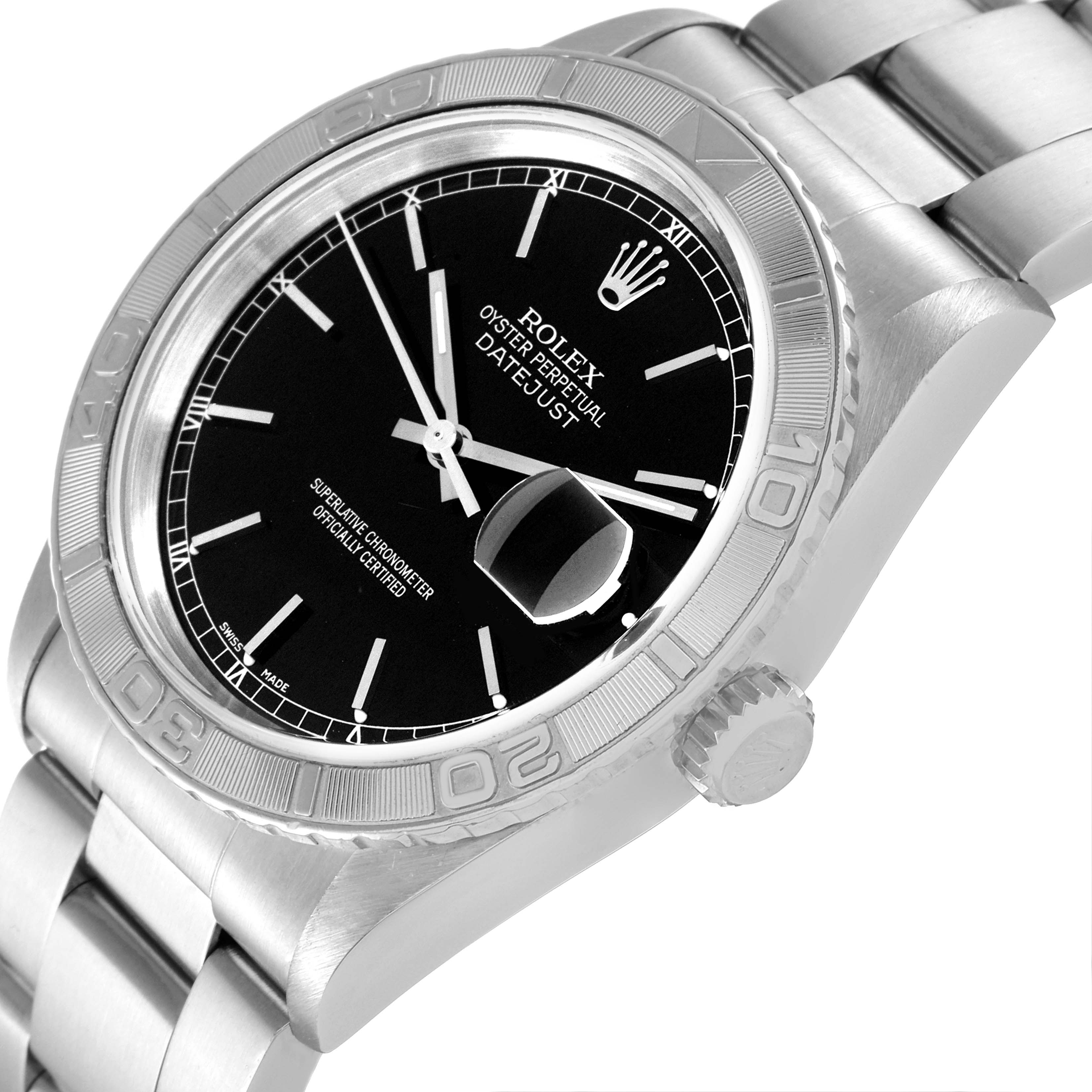 The image shows a close-up view of a Rolex Turn-o-Graph 16264 Men
s Stainless Steel Black Dial 16264 Men
s Stainless Steel Black Dial watch, showcasing the dial, bezel, crown, and part of the bracelet.