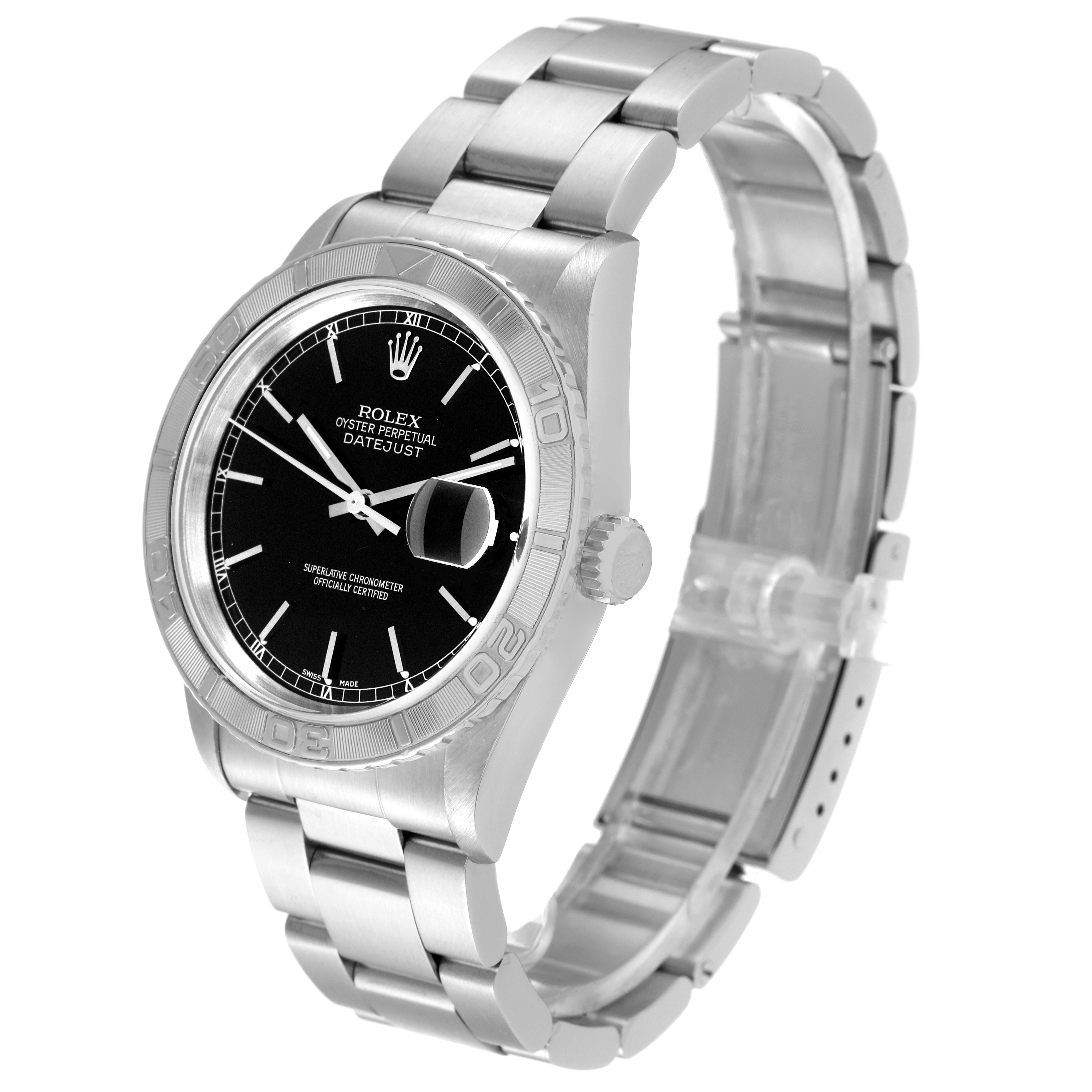 The Rolex Turn-o-Graph 16264 Men
s Stainless Steel Black Dial 16264 Men
s Stainless Steel Black Dial watch is shown at a side angle, highlighting the face, bezel, crown, and metal bracelet.