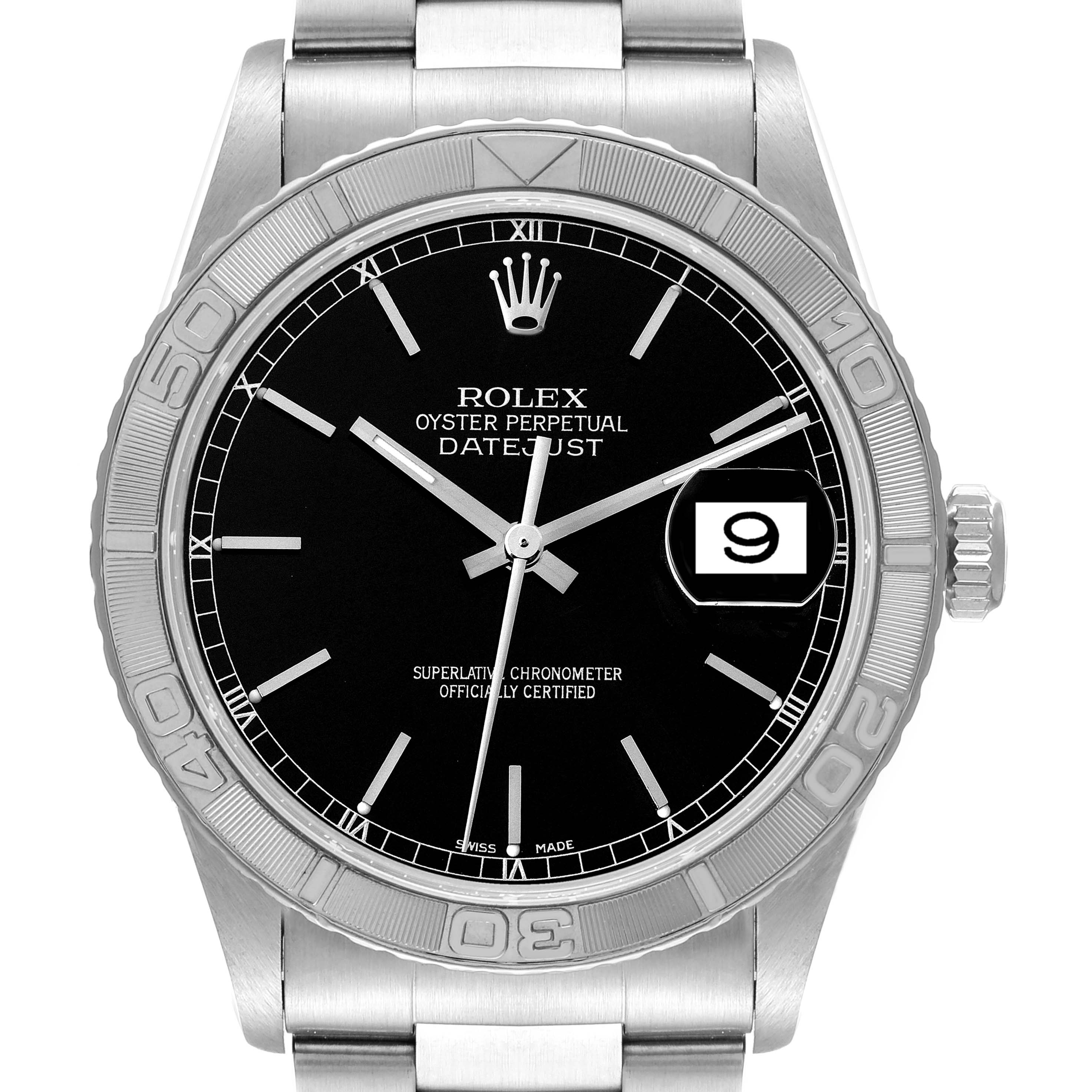 The image shows a front view of a Rolex Turn-o-Graph 16264 Men
s Stainless Steel Black Dial 16264 Men
s Stainless Steel Black Dial watch, highlighting the dial, bezel, and crown.