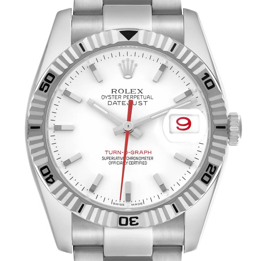 The Rolex Turn-o-Graph 116264 Men's Stainless Steel White Dial watch is shown from a front angle, featuring the dial, bezel, and part of the bracelet.