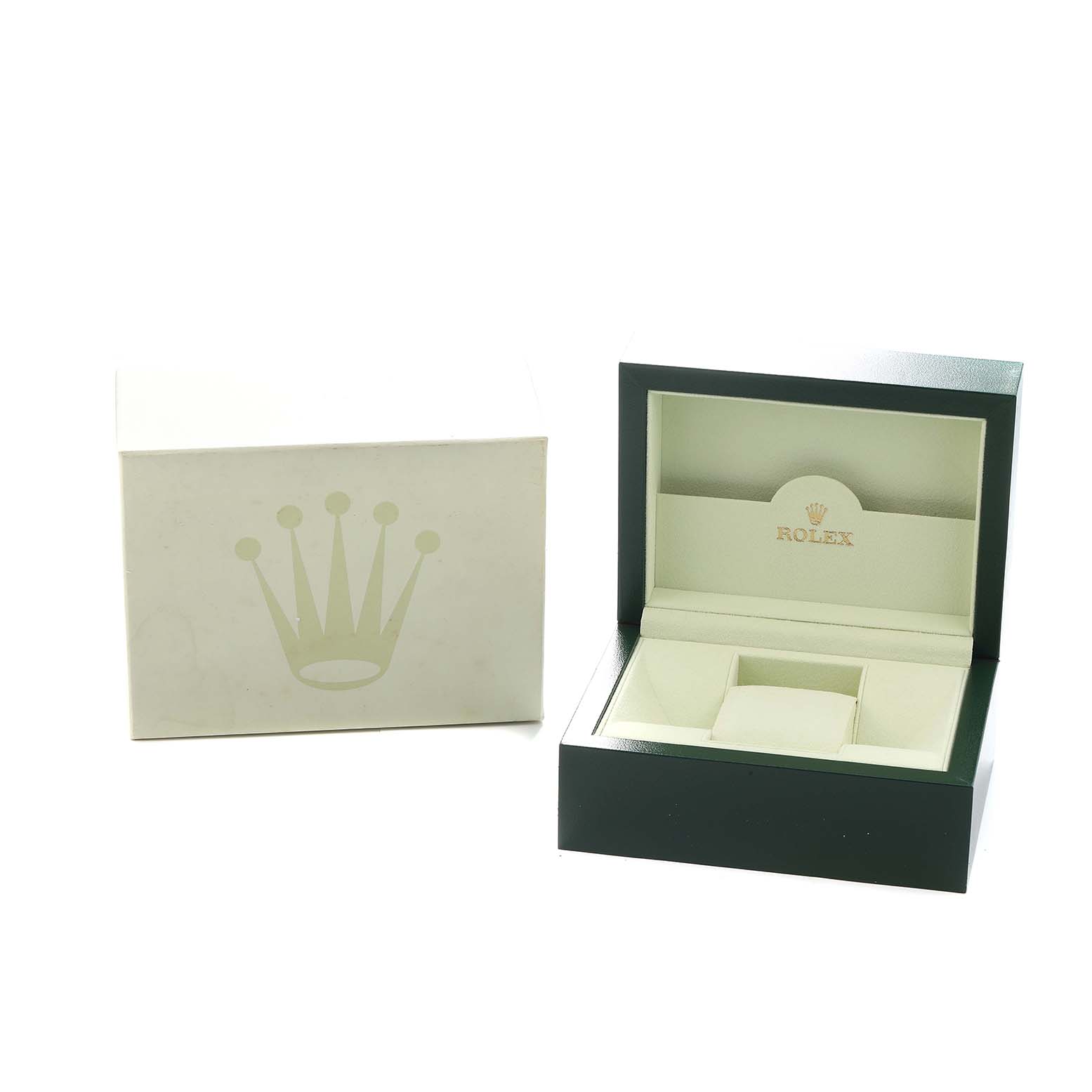 The image shows an open Rolex watch box and an outer box for the Turn-o-Graph model, displaying the interior compartments.