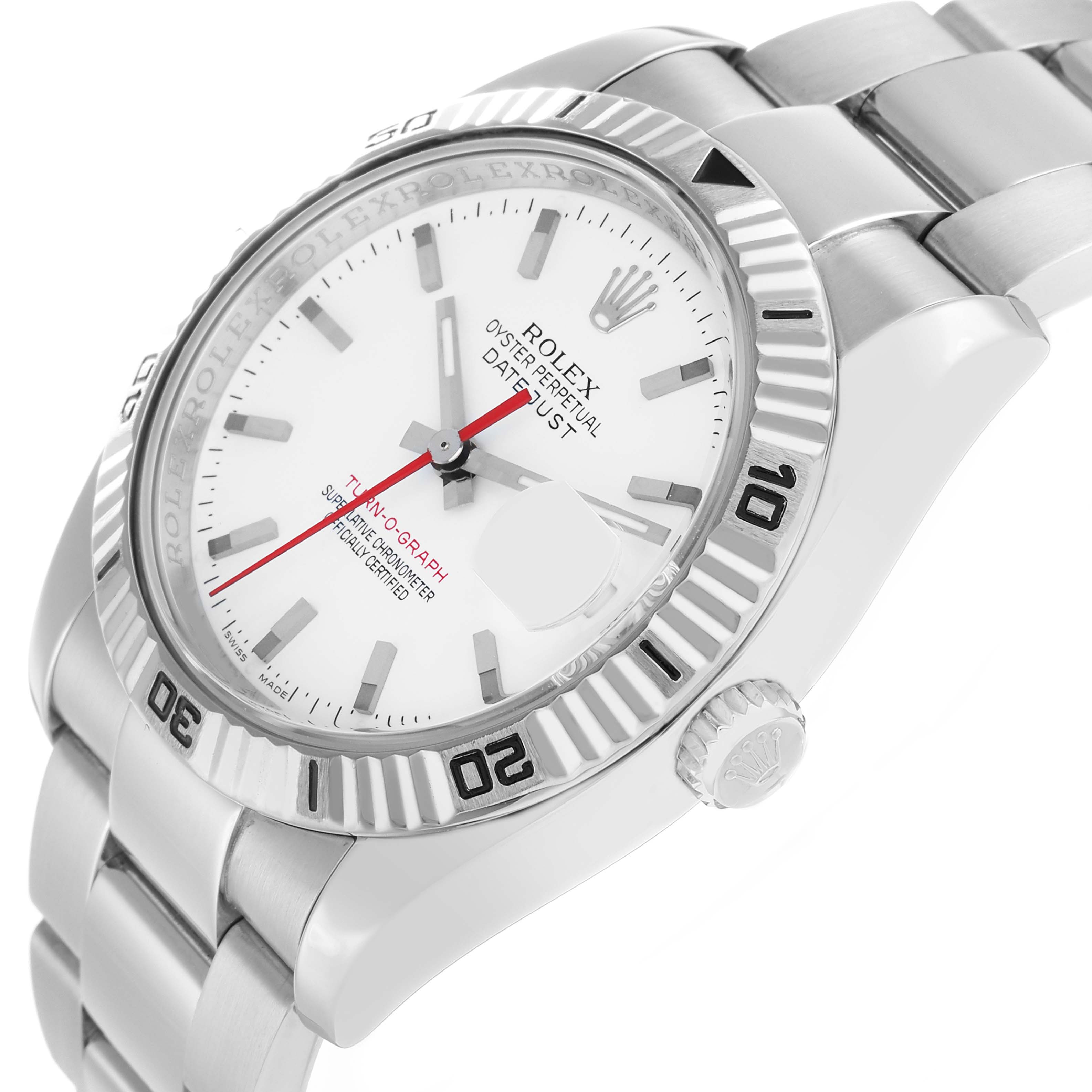 The Rolex Turn-o-Graph 116264 Men
s Stainless Steel White Dial watch is shown from a side angle, highlighting the dial, bezel, bracelet, and crown.