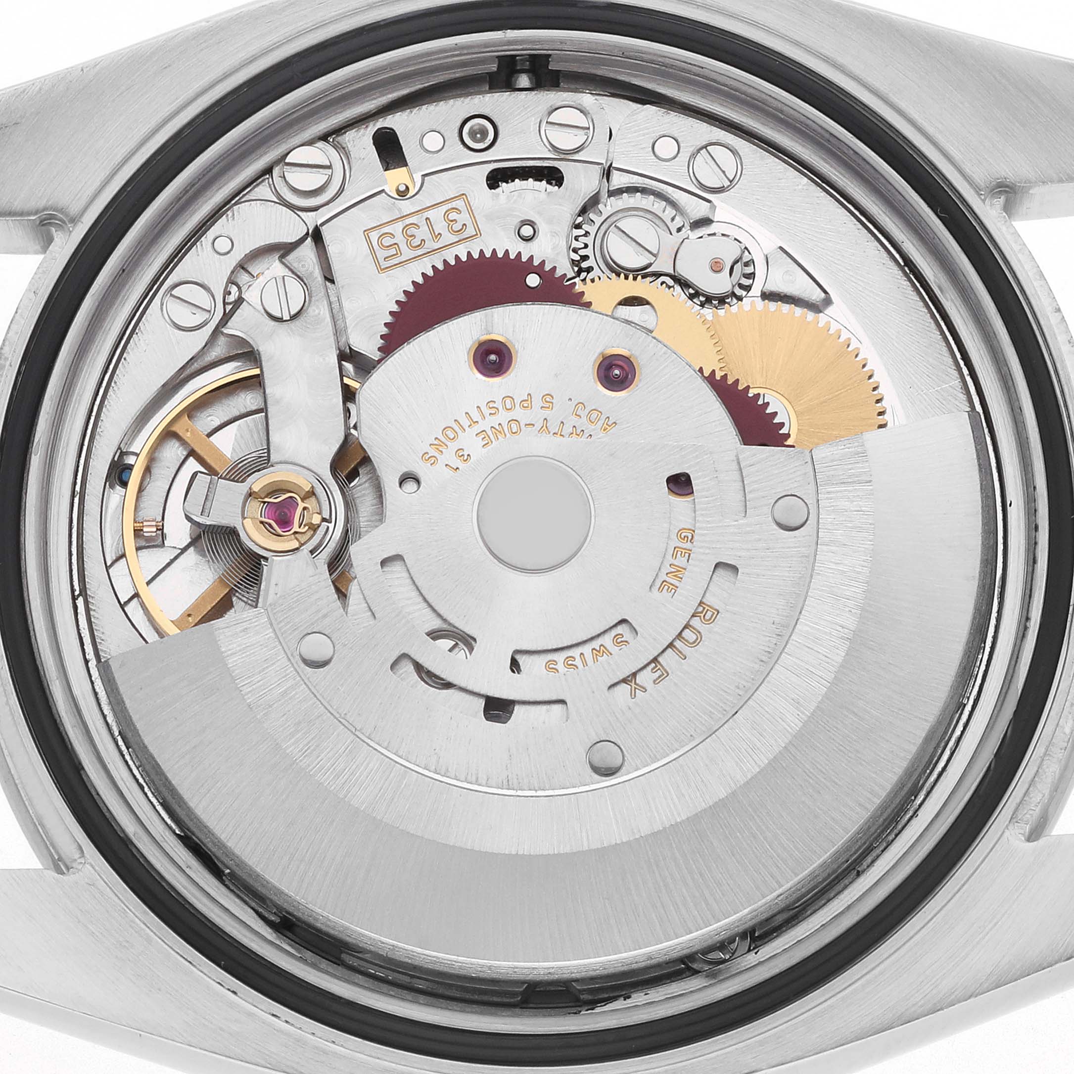 The image shows the internal movement and mechanism of a Rolex Turn-O-Graph watch from the back.