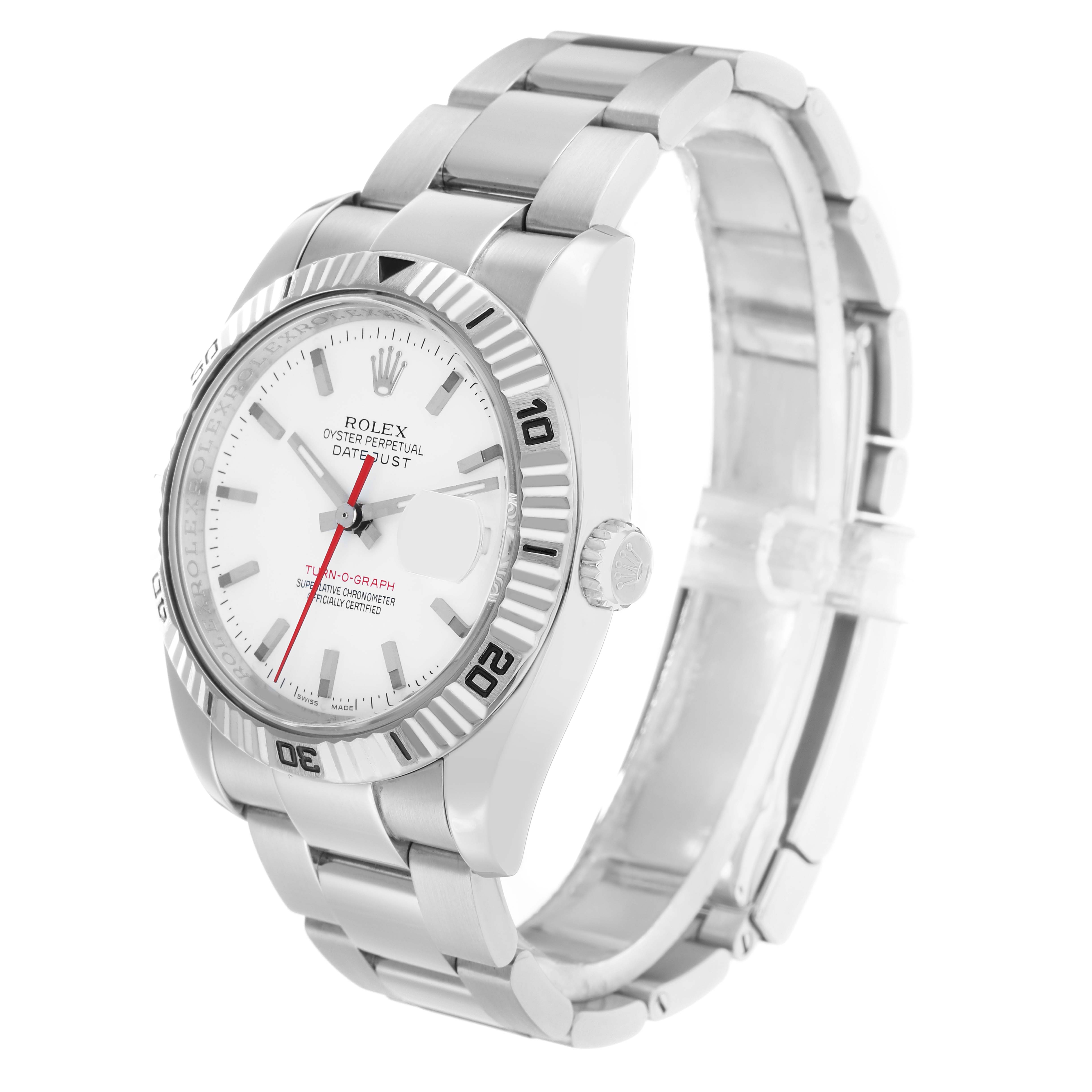 The Rolex Turn-o-Graph 116264 Men
s Stainless Steel White Dial watch is shown at a three-quarter angle, highlighting the face, bezel, crown, and bracelet.