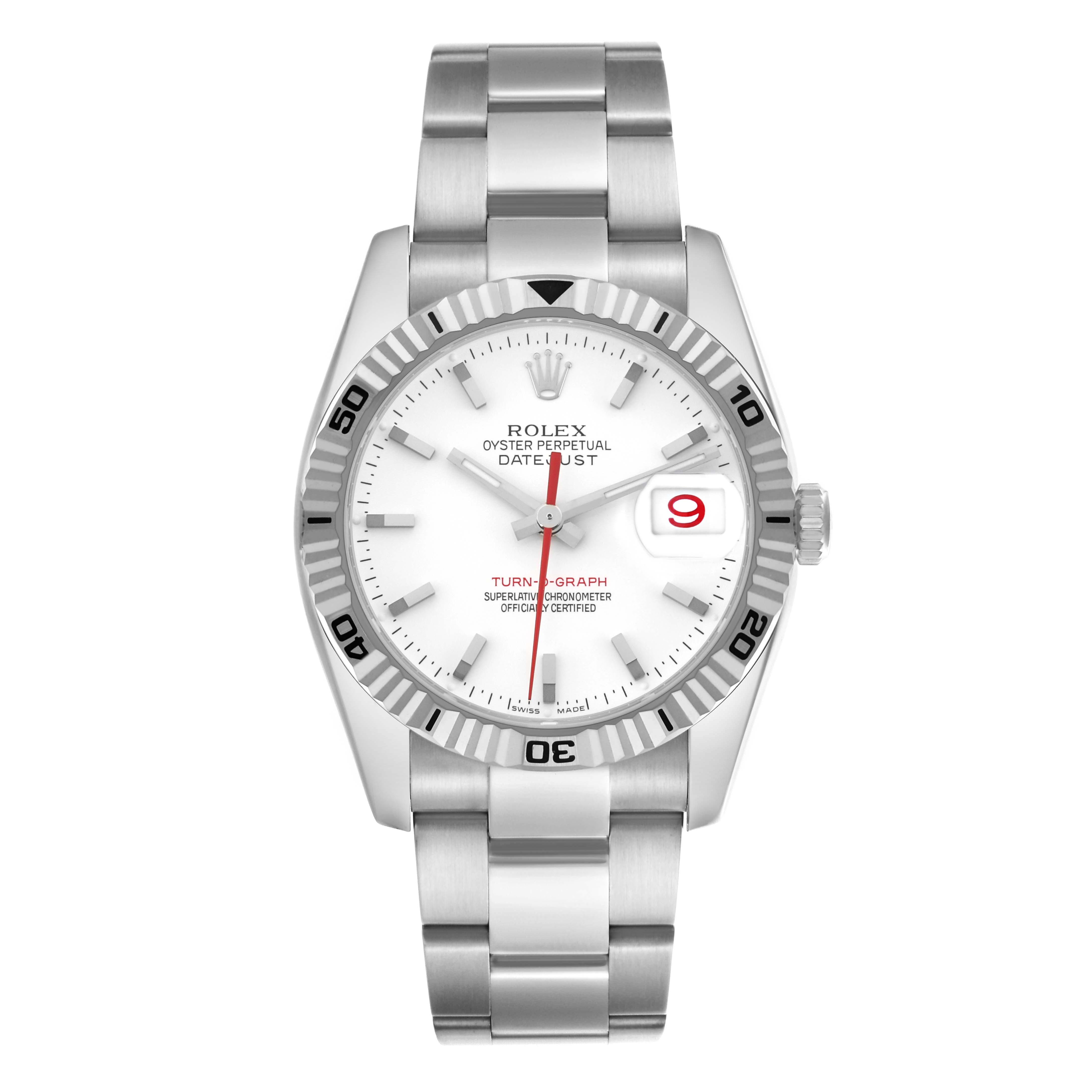 The Rolex Turn-o-Graph 116264 Men
s Stainless Steel White Dial watch is shown from a front angle, displaying the face, bezel, and bracelet clearly.