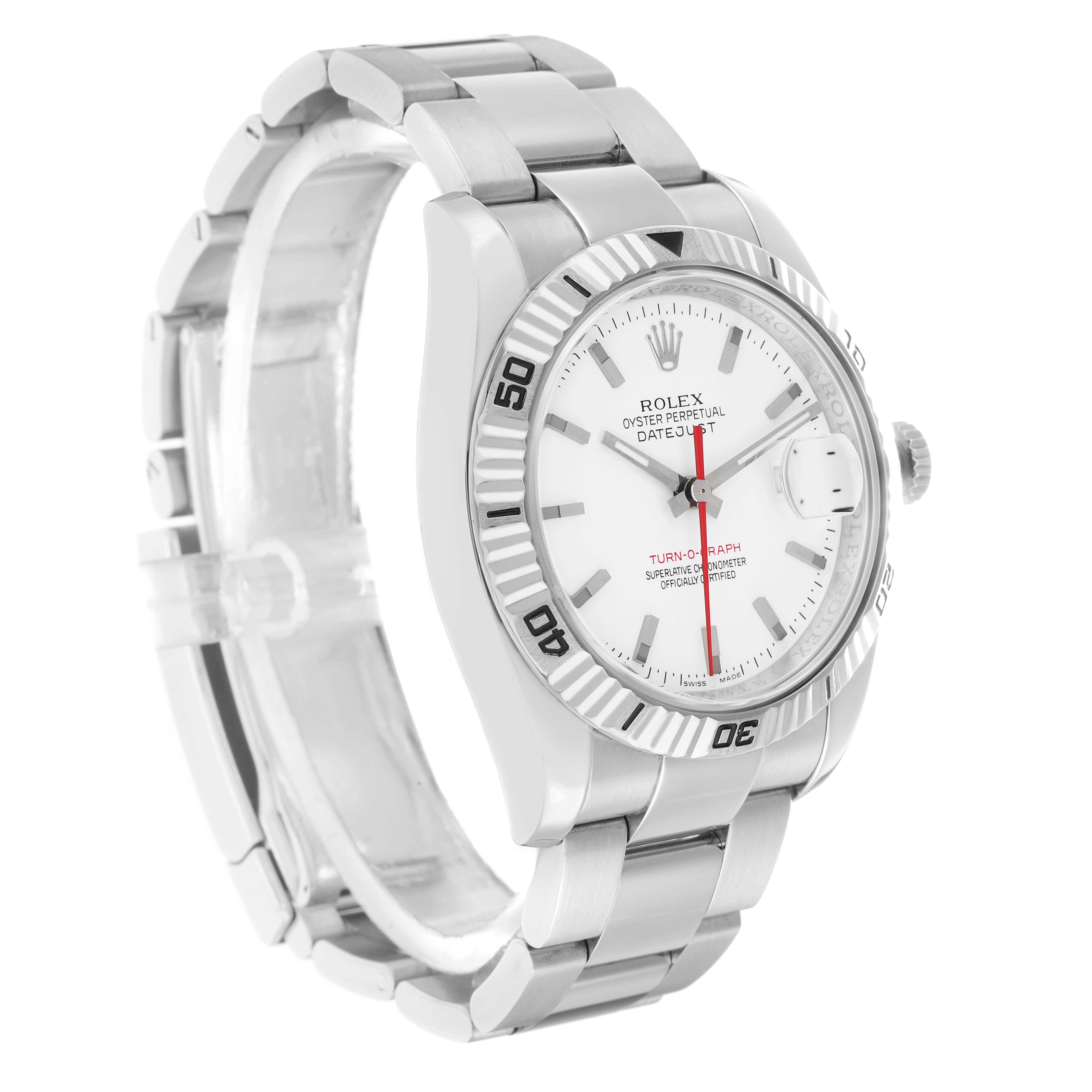 The Rolex Turn-o-Graph 116264 Men
s Stainless Steel White Dial watch is shown at a front angle, displaying the dial, bezel, and part of the bracelet.