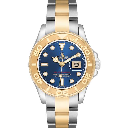 The Rolex Yacht-Master 169623 Women's Steel and Gold (two tone) Blue Dial watch is shown from the front, highlighting its blue dial, gold bezel, and two-tone band.