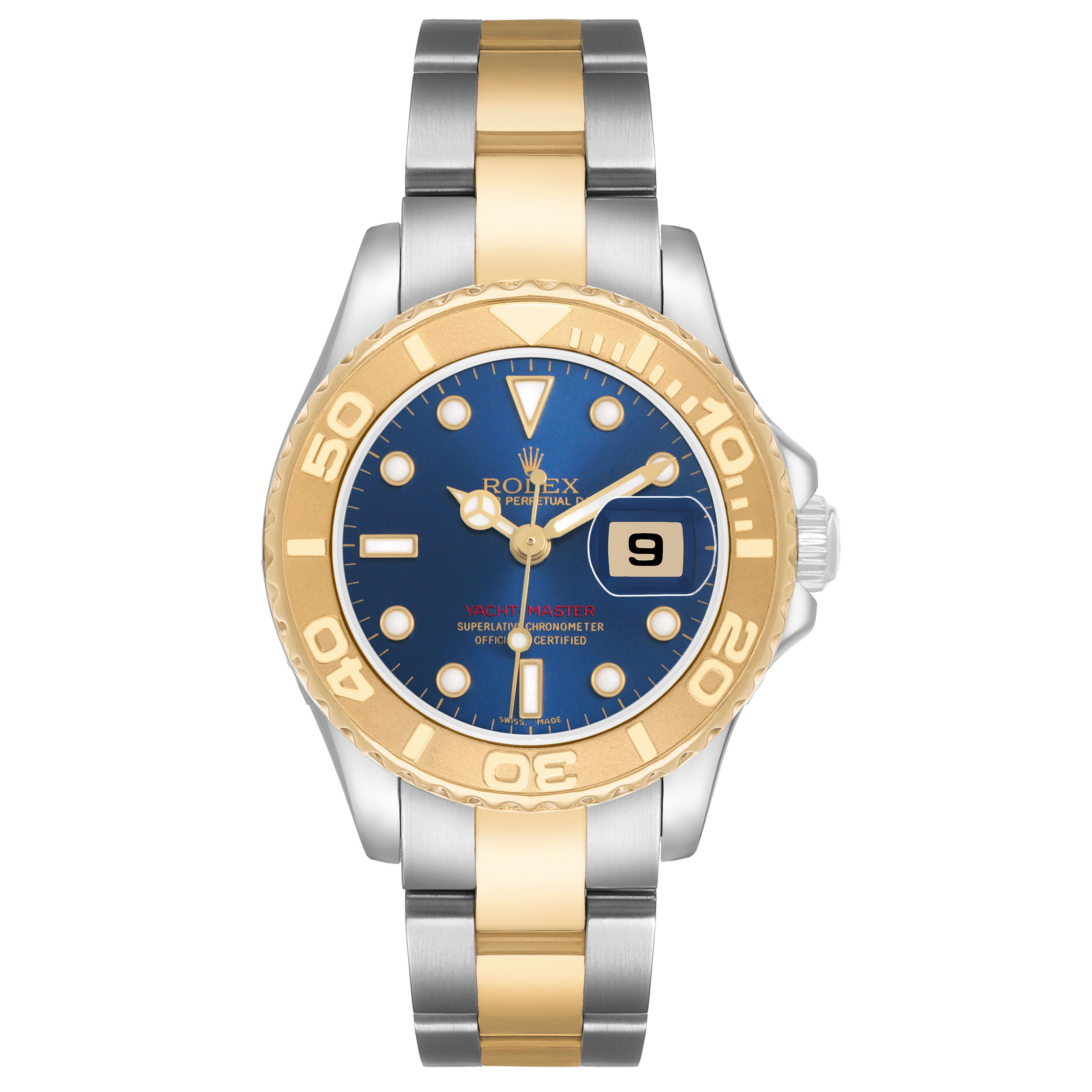 The Rolex Yacht-Master 169623 Women's Steel and Gold (two tone) Blue Dial watch is shown from the front, displaying the blue dial, gold bezel, and two-tone bracelet.