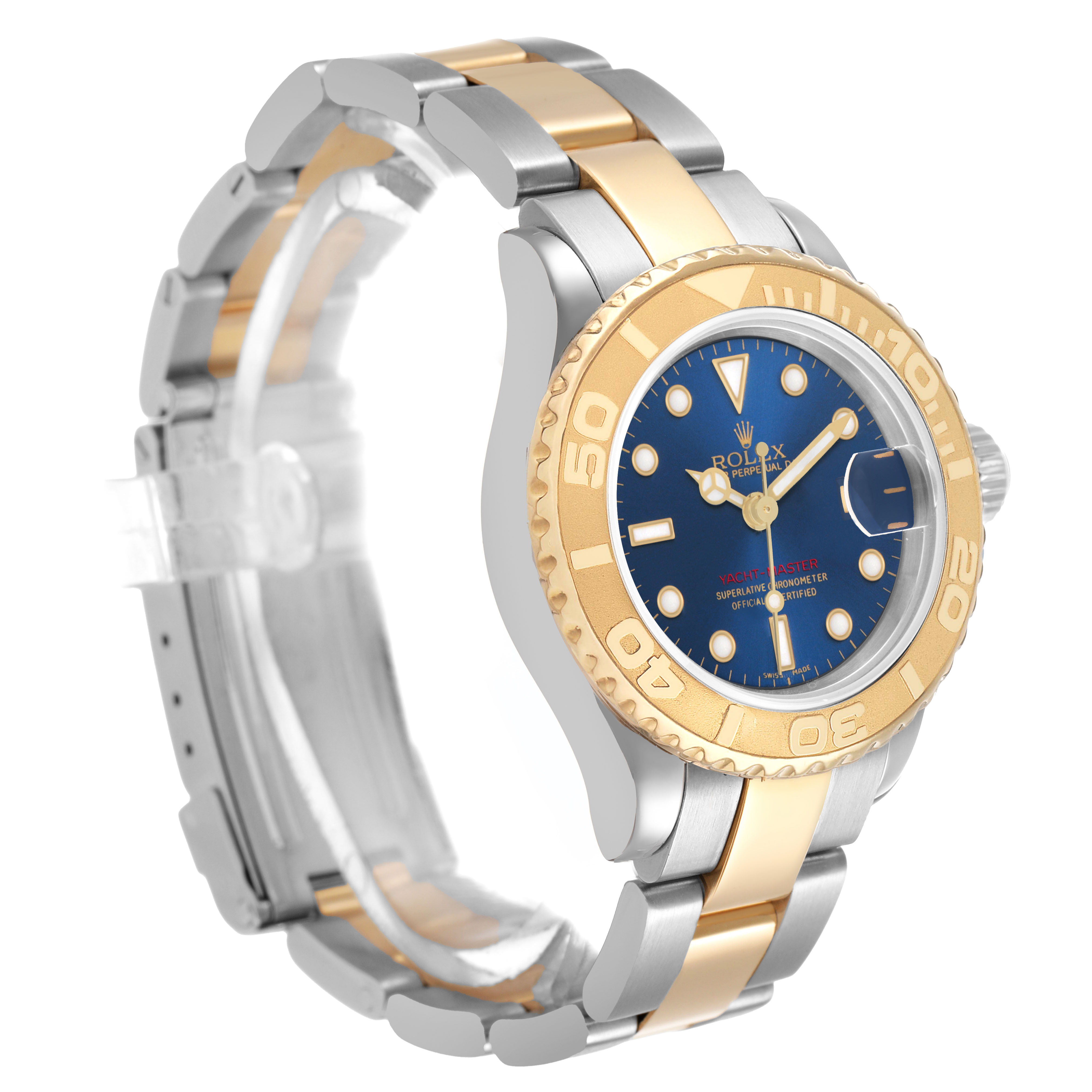 The Rolex Yacht-Master 169623 Women's Steel and Gold (two tone) Blue Dial is shown at a three-quarter angle, highlighting the dial, bezel, and bracelet.