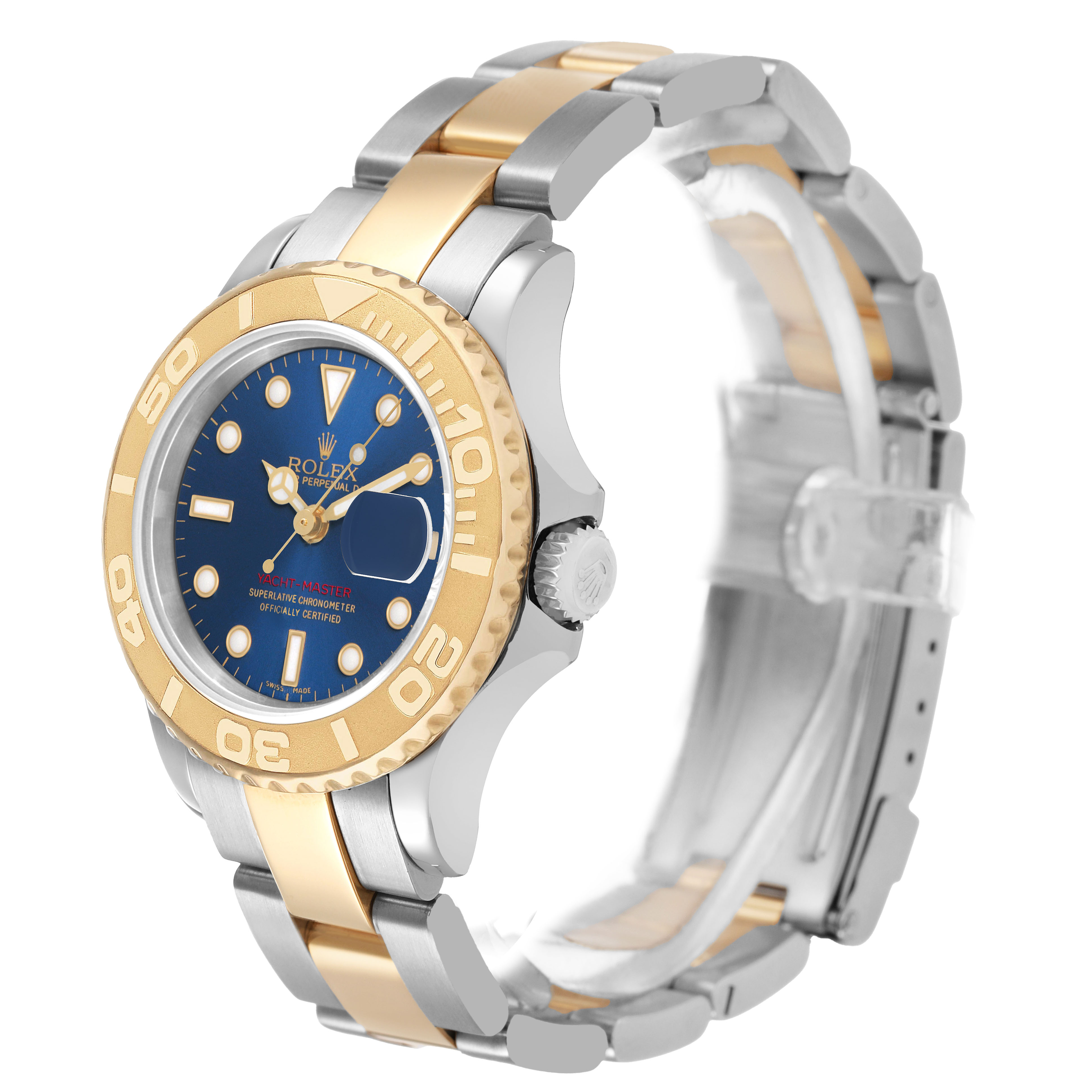 The Rolex Yacht-Master 169623 Women's Steel and Gold (two tone) Blue Dial watch is shown from a three-quarter angle highlighting the dial, bezel, crown, and part of the bracelet.