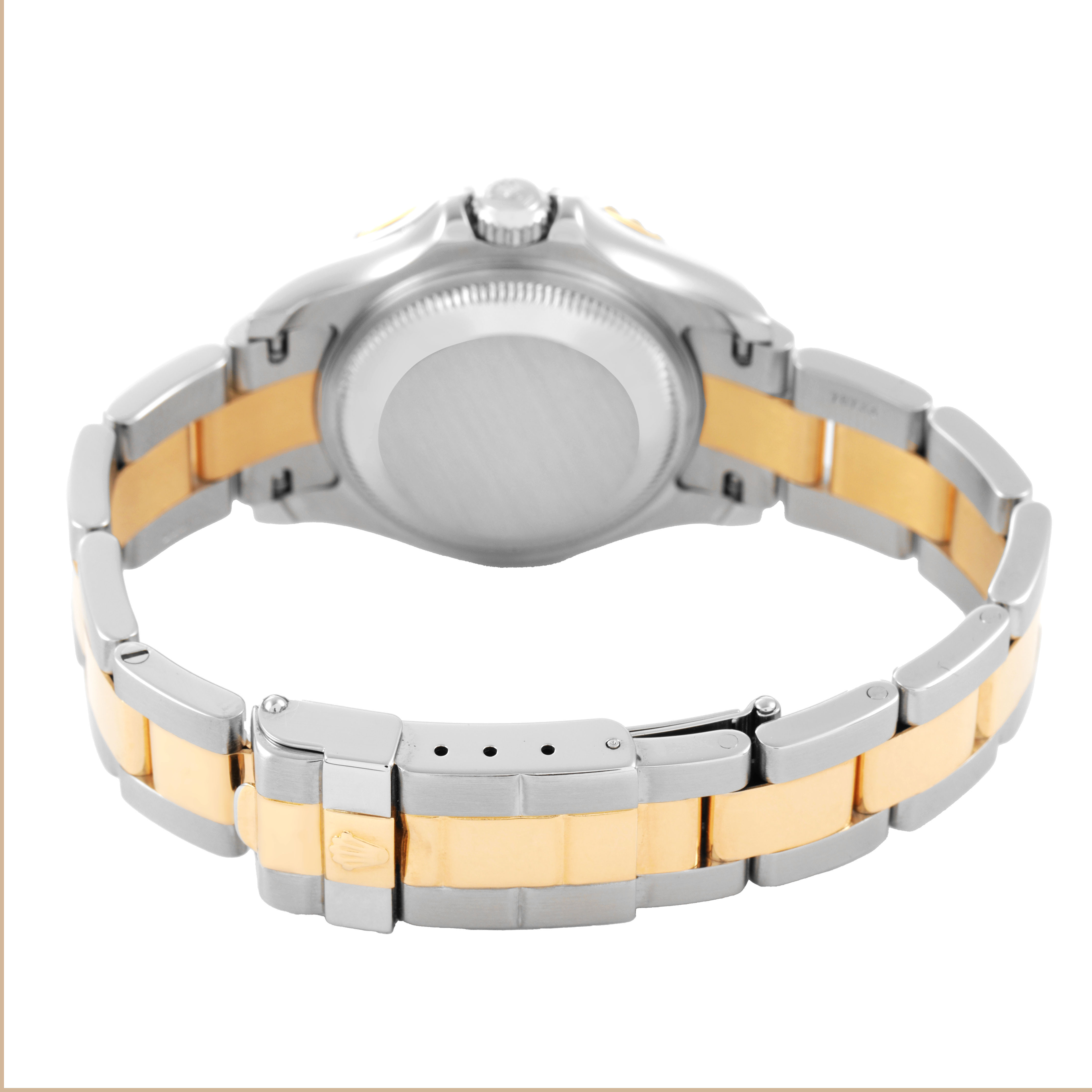 The image shows the back of a Rolex Yacht-Master 169623 Women's Steel and Gold (two tone) Blue Dial watch, focusing on the case back and two-tone bracelet.