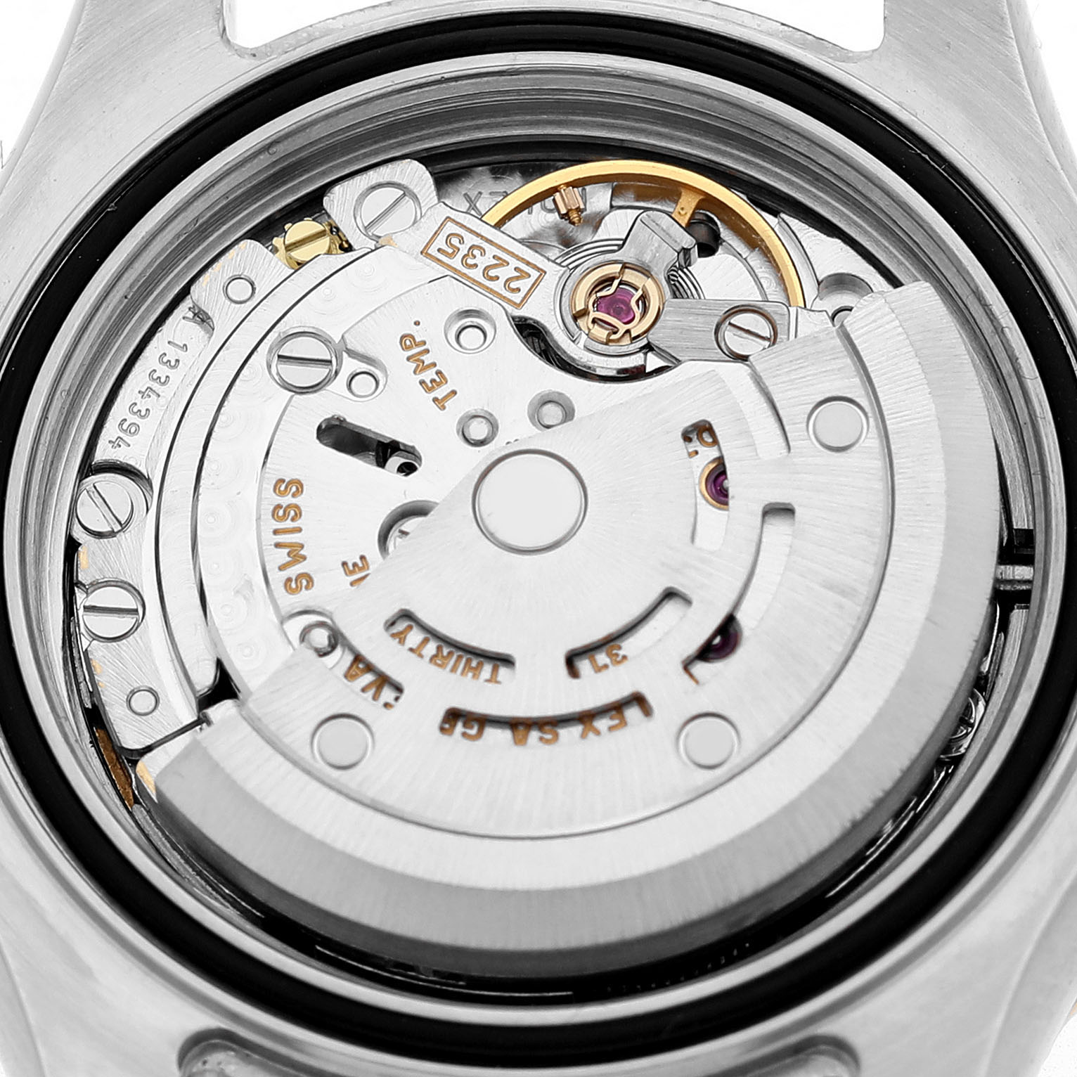 The image shows the movement mechanism of a Rolex Yacht-Master 169623 Women's Steel and Gold (two tone) Blue Dial watch from a rear angle.