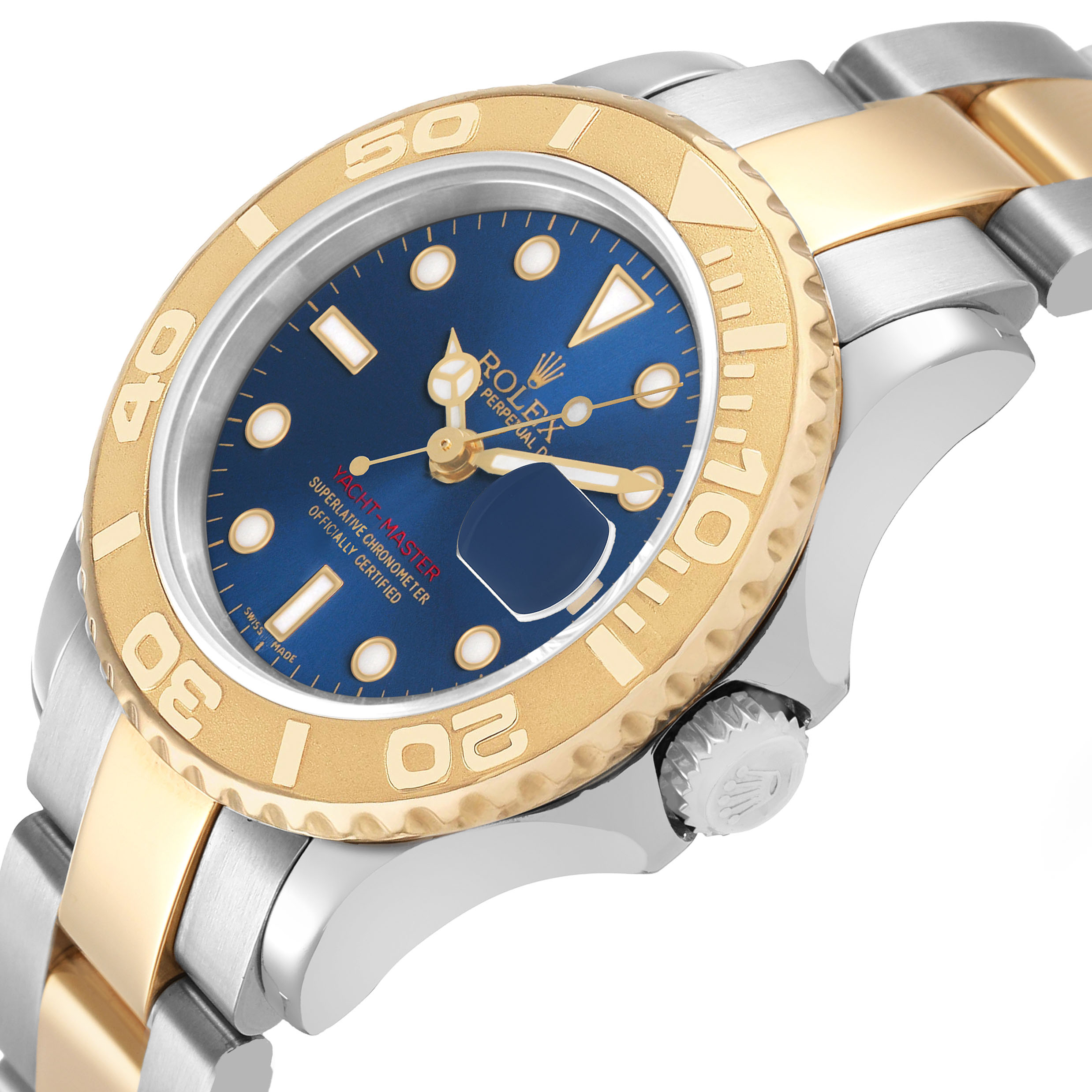 The Rolex Yacht-Master 169623 Women's Steel and Gold (two tone) Blue Dial watch is shown from a side angle, highlighting the gold bezel, blue dial, and part of the bracelet and crown.