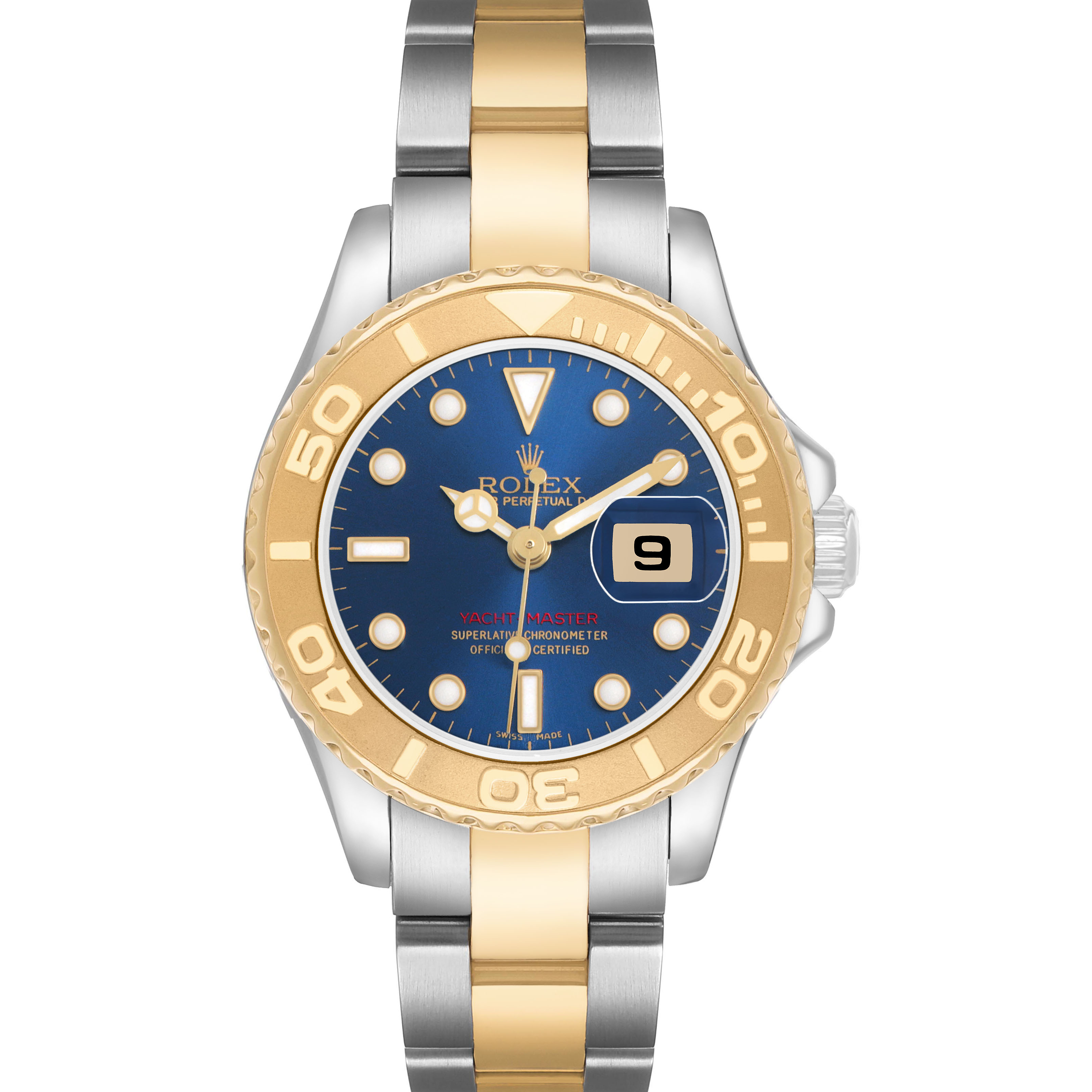 The Rolex Yacht-Master 169623 Women's Steel and Gold (two tone) Blue Dial watch is shown from the front, displaying the bezel, dial, hands, and part of the bracelet.