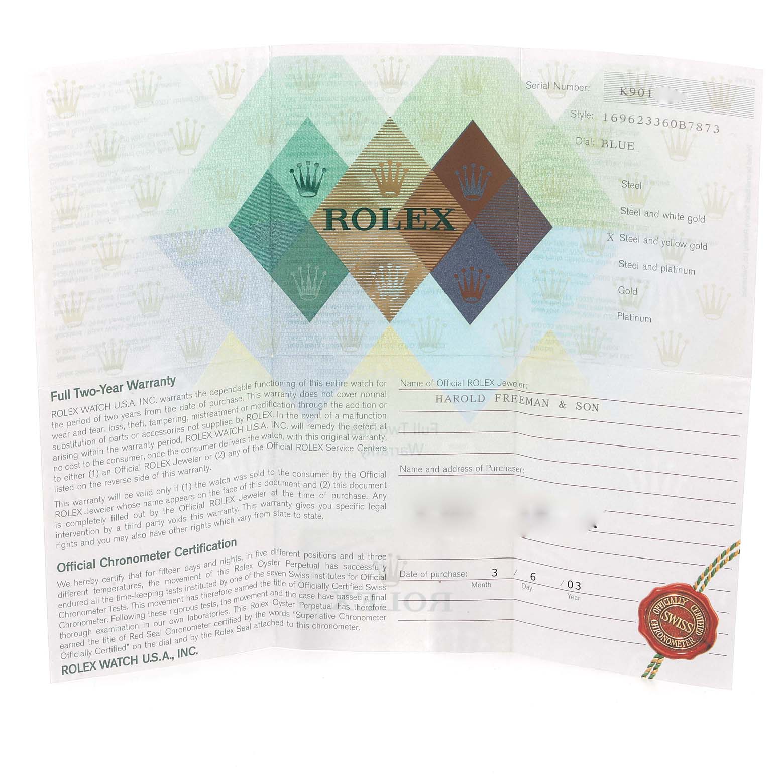 The image shows the warranty card for the Rolex Yacht-Master 169623 Women's Steel and Gold (two tone) Blue Dial 169623 Women's Steel and Gold (two tone) Blue Dial model, displaying its details and official certifications.
