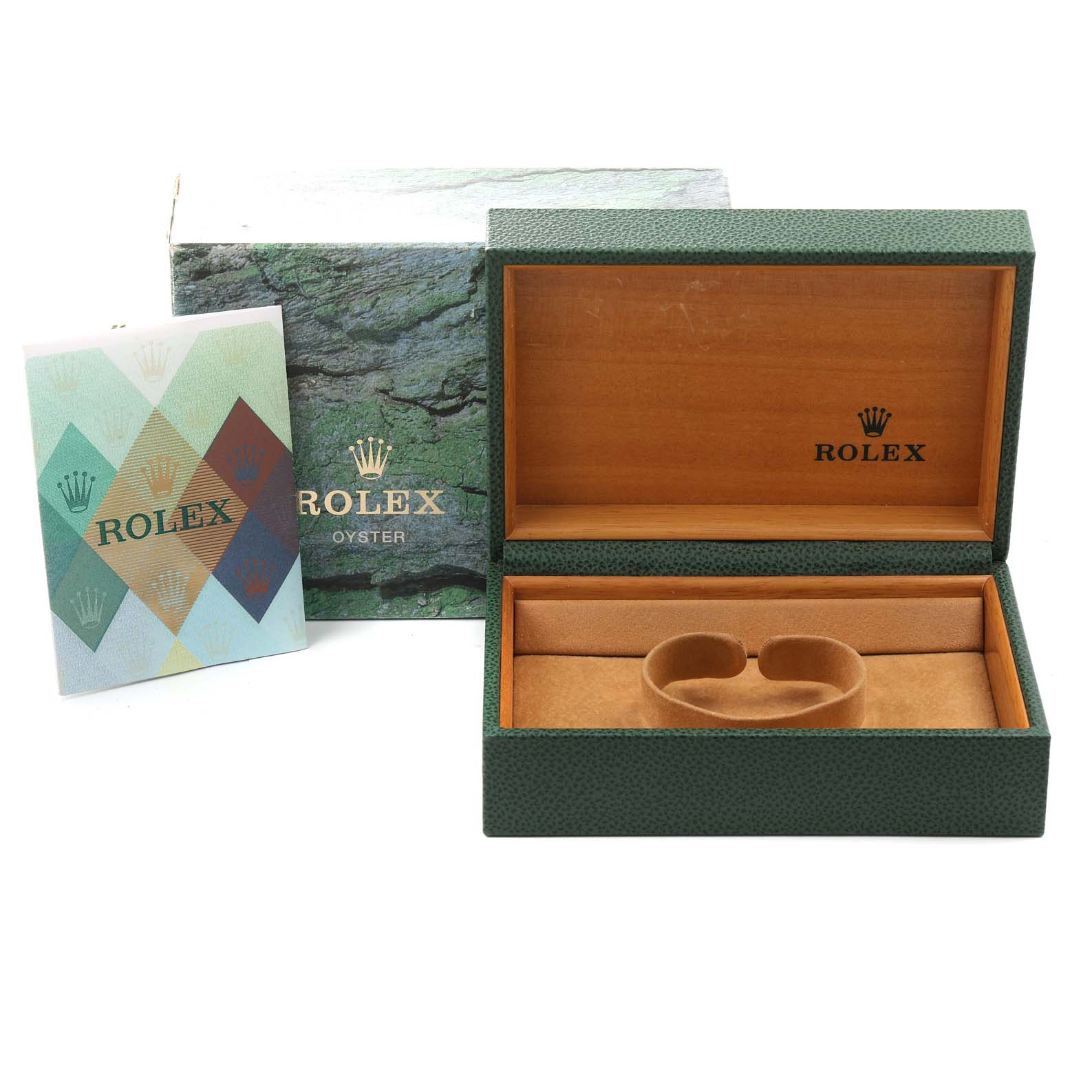 This image shows an open Rolex Yacht-Master 169623 Women's Steel and Gold (two tone) Blue Dial 169623 Women's Steel and Gold (two tone) Blue Dial watch box, booklets, and outer packaging from a frontal angle.