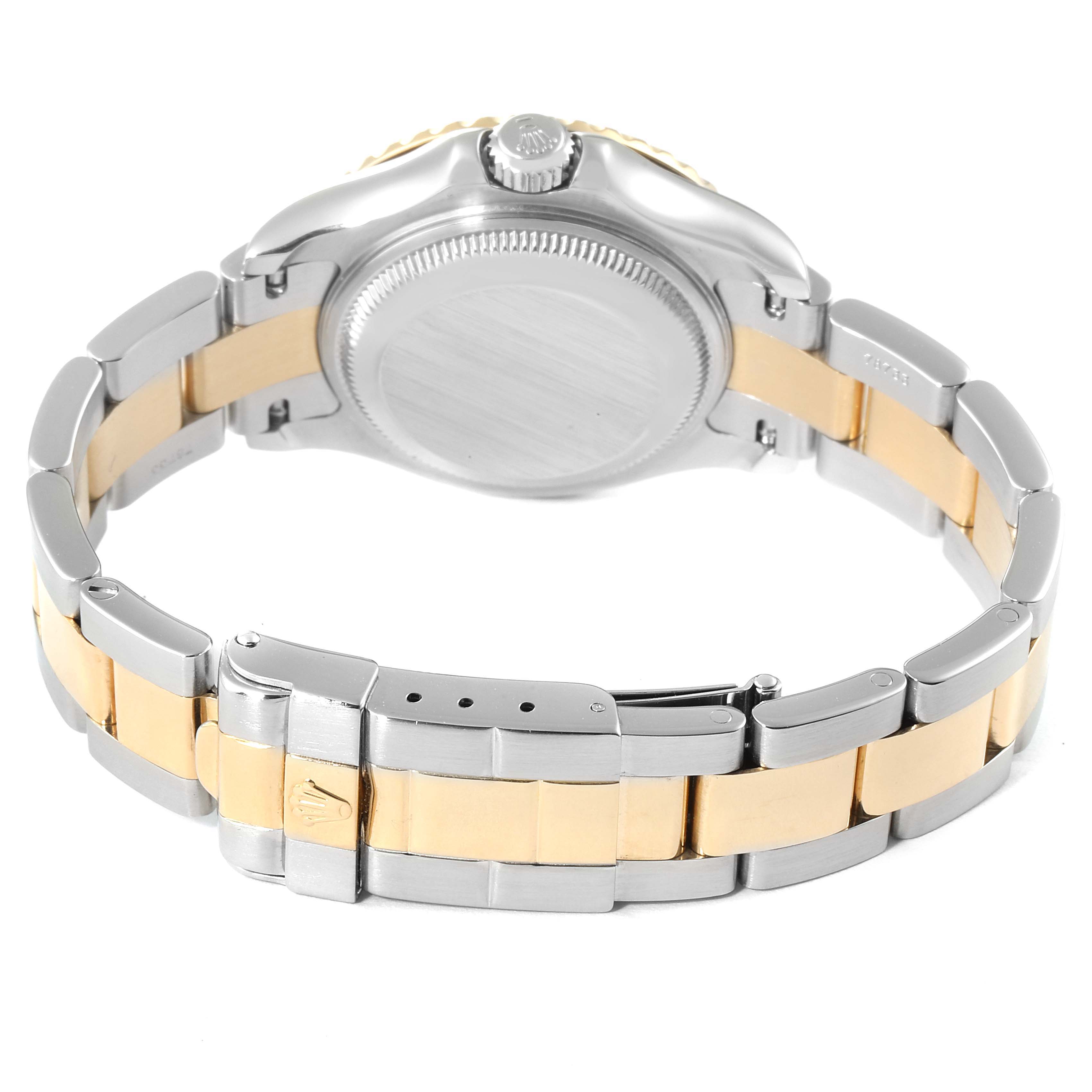 This Rolex Yacht-Master 169623 Women's Steel and Gold (two tone) Blue Dial 169623 Women's Steel and Gold (two tone) Blue Dial watch is shown from the back, displaying the clasp and part of the bracelet.