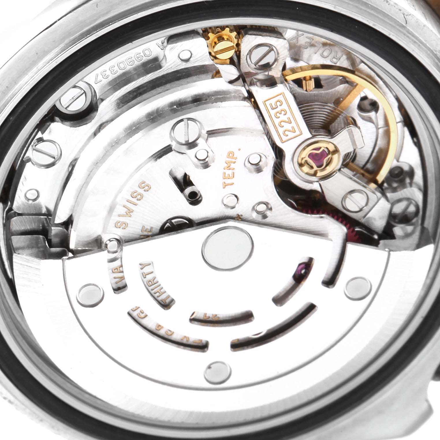 This image shows the intricate internal mechanism of the Rolex Yacht-Master 169623 Women's Steel and Gold (two tone) Blue Dial 169623 Women's Steel and Gold (two tone) Blue Dial watch from a close-up angle.