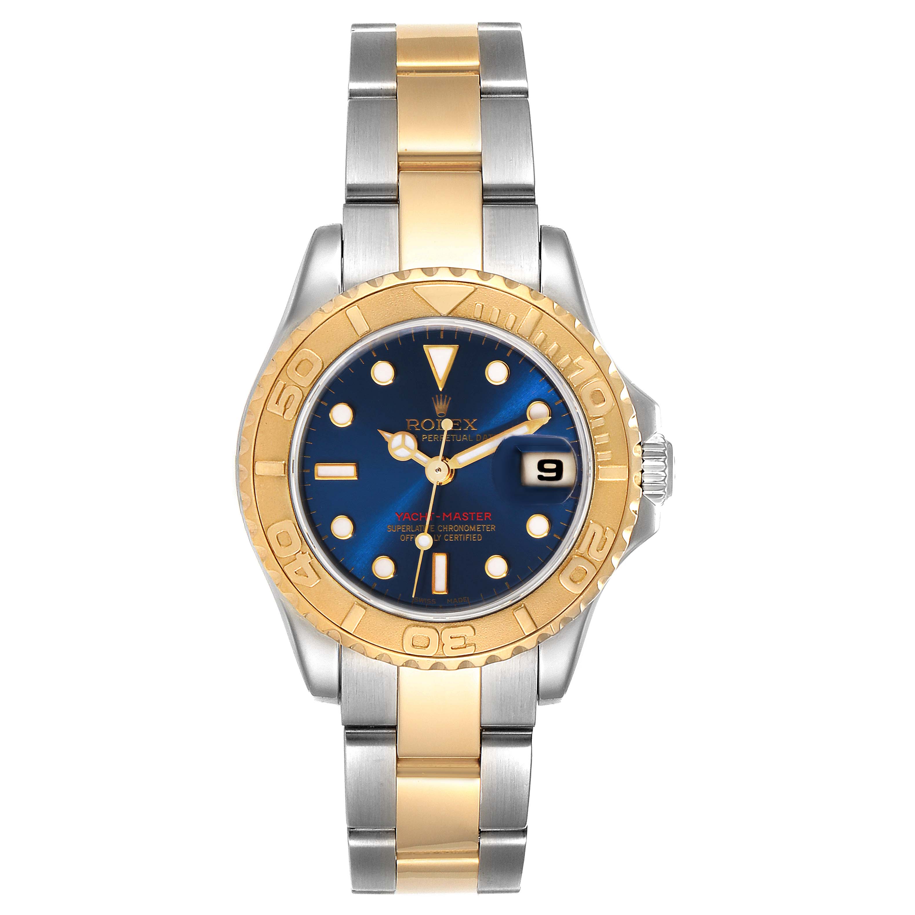 The Rolex Yacht-Master 169623 Women's Steel and Gold (two tone) Blue Dial 169623 Women's Steel and Gold (two tone) Blue Dial watch is shown from the front, highlighting its blue dial, gold bezel, and two-tone metal bracelet.