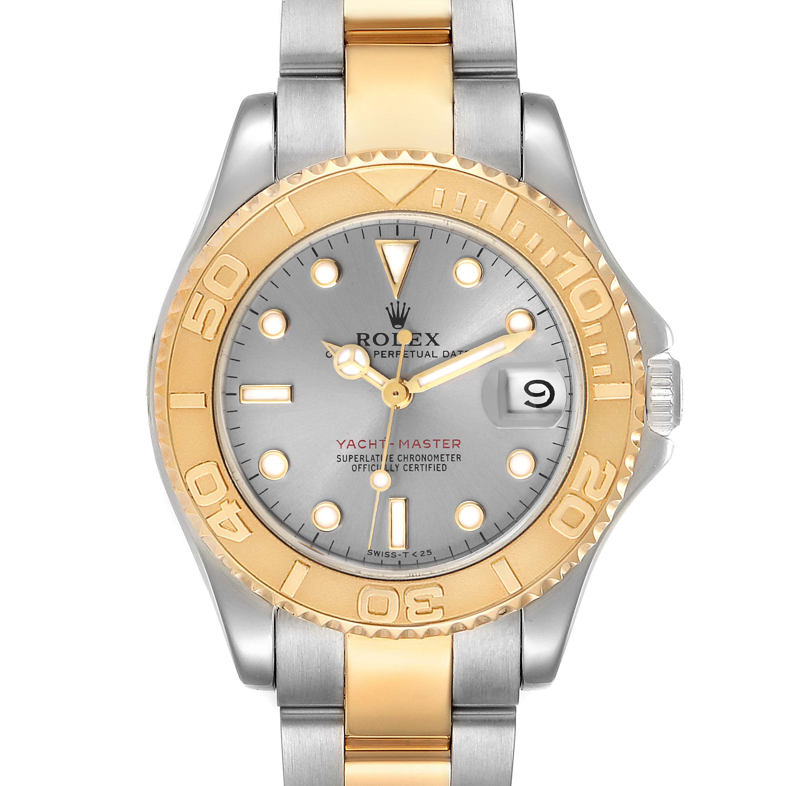 The Rolex Yacht-Master 68623 Men
s Steel and Gold (two tone) Grey Dial 68623 Men
s Steel and Gold (two tone) Grey Dial watch is shown from the front, highlighting its gold bezel, grey dial, and two-tone bracelet.