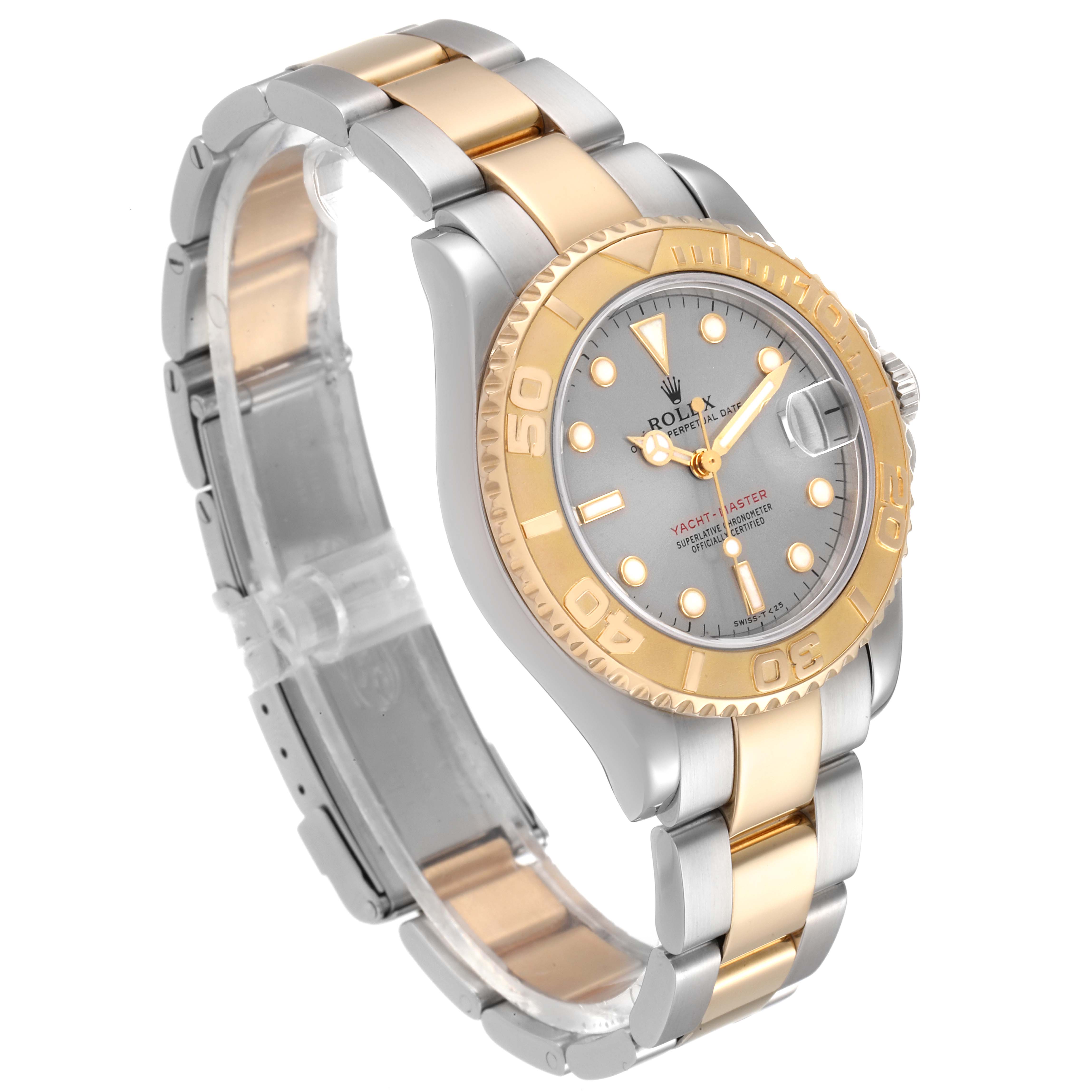 The image shows a side angle of a Rolex Yacht-Master 68623 Men
s Steel and Gold (two tone) Grey Dial 68623 Men
s Steel and Gold (two tone) Grey Dial watch, highlighting its two-tone bracelet, bezel, and dial.