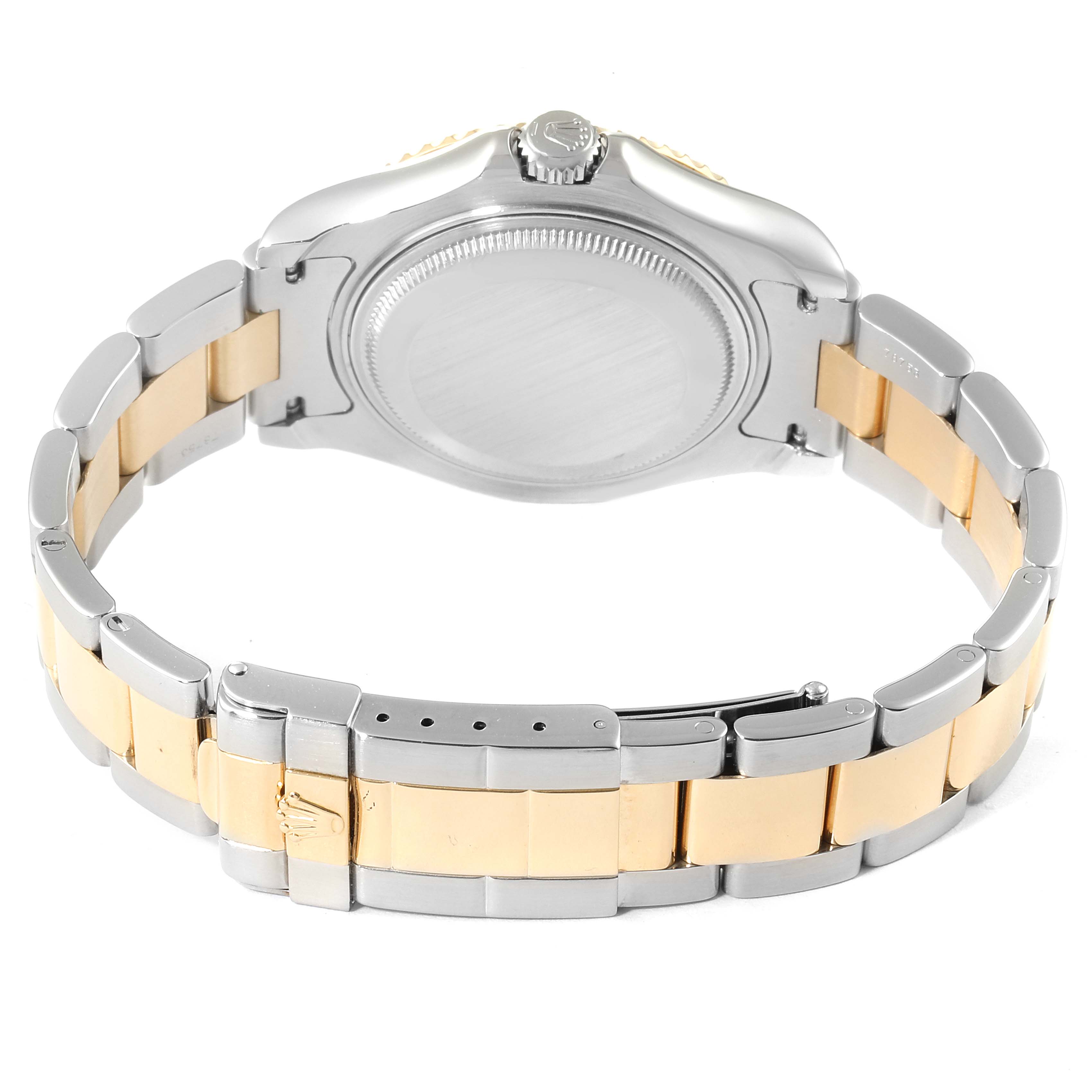 The image shows the back view of a Rolex Yacht-Master 68623 Men
s Steel and Gold (two tone) Grey Dial 68623 Men
s Steel and Gold (two tone) Grey Dial watch, highlighting its bracelet and case back.