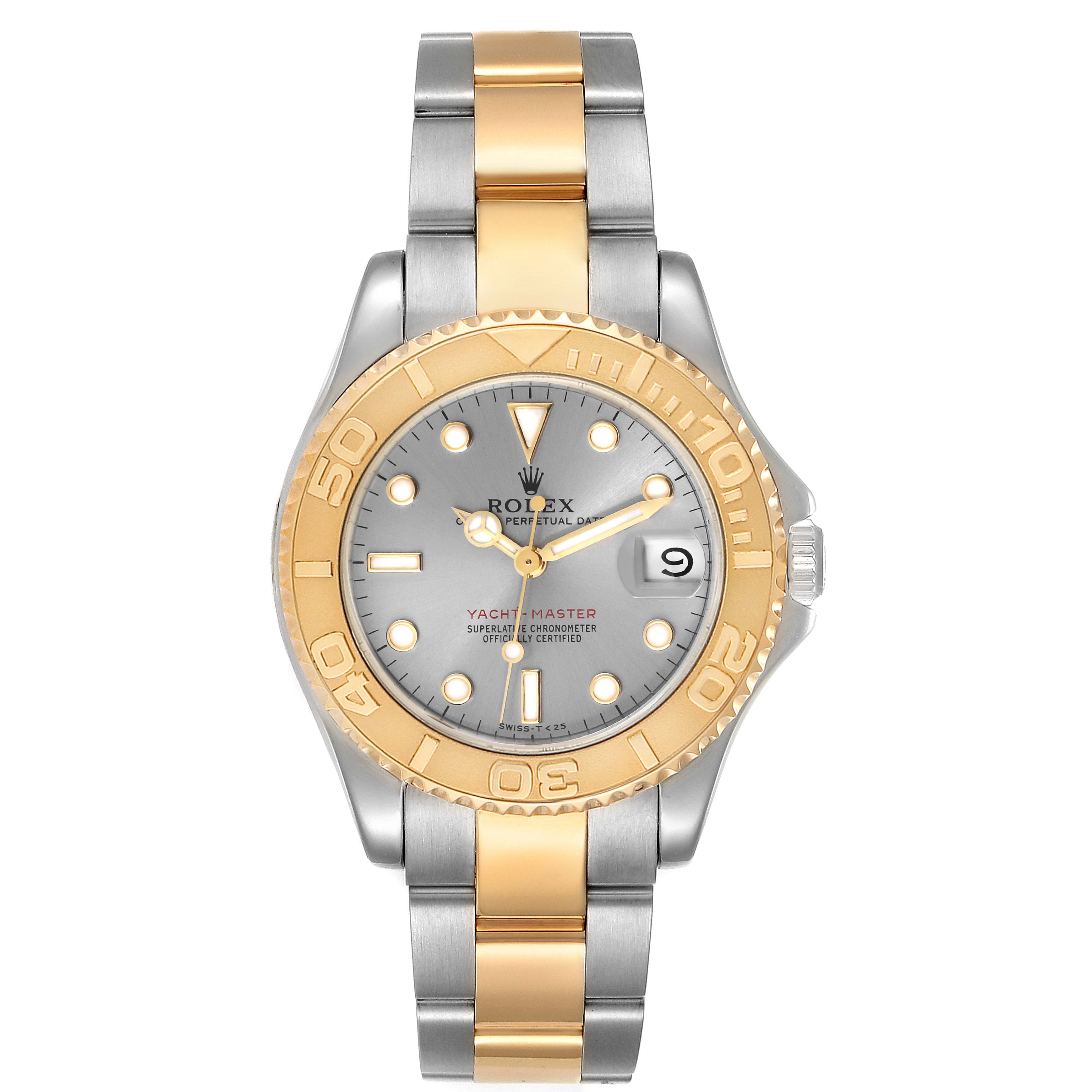 This image shows the front view of the Rolex Yacht-Master 68623 Men
s Steel and Gold (two tone) Grey Dial 68623 Men
s Steel and Gold (two tone) Grey Dial watch, highlighting its dial, bezel, bracelet, and crown.