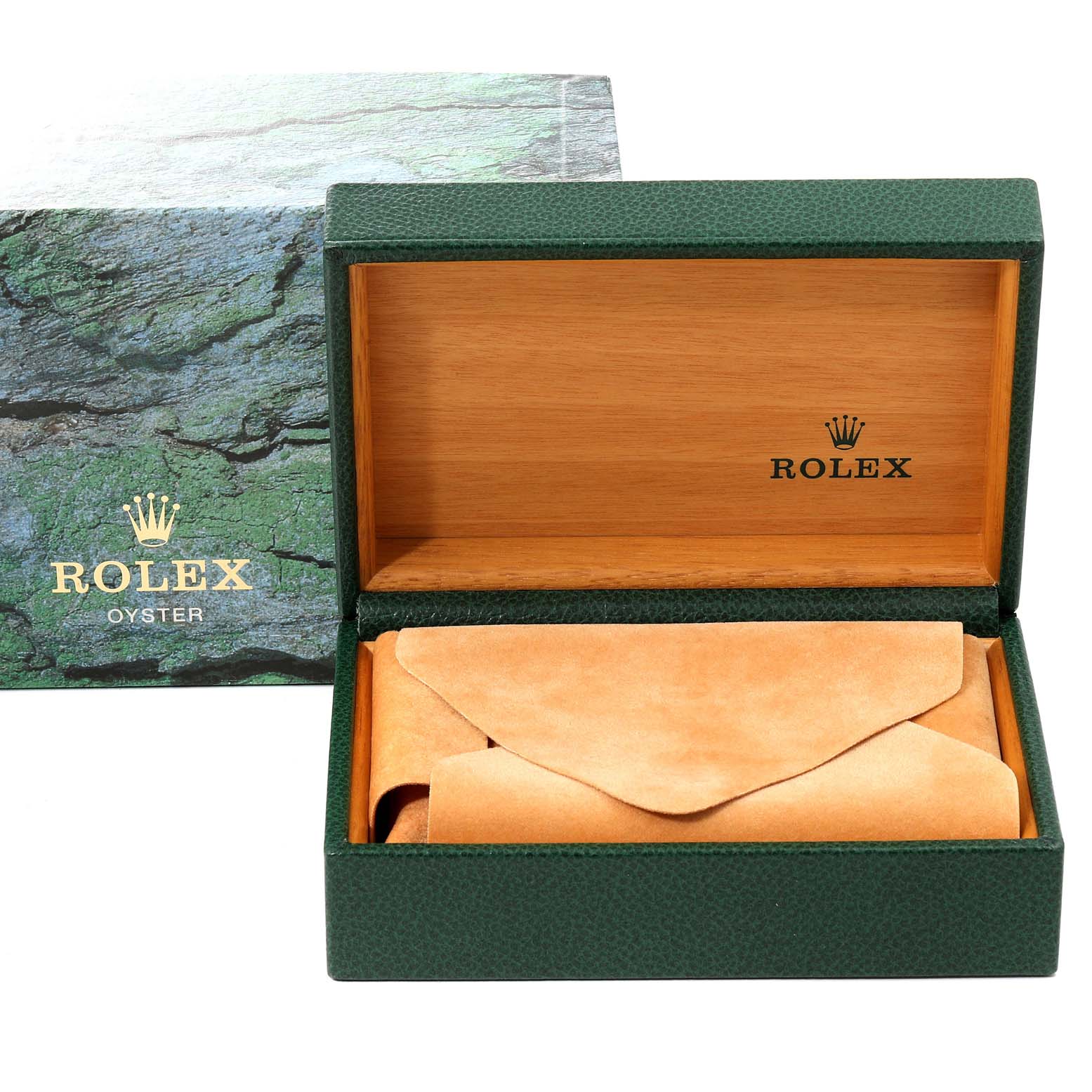 The image shows an open Rolex Yacht-Master 68623 Men
s Steel and Gold (two tone) Grey Dial 68623 Men
s Steel and Gold (two tone) Grey Dial watch box with a pouch inside, revealing the brand
s logo.