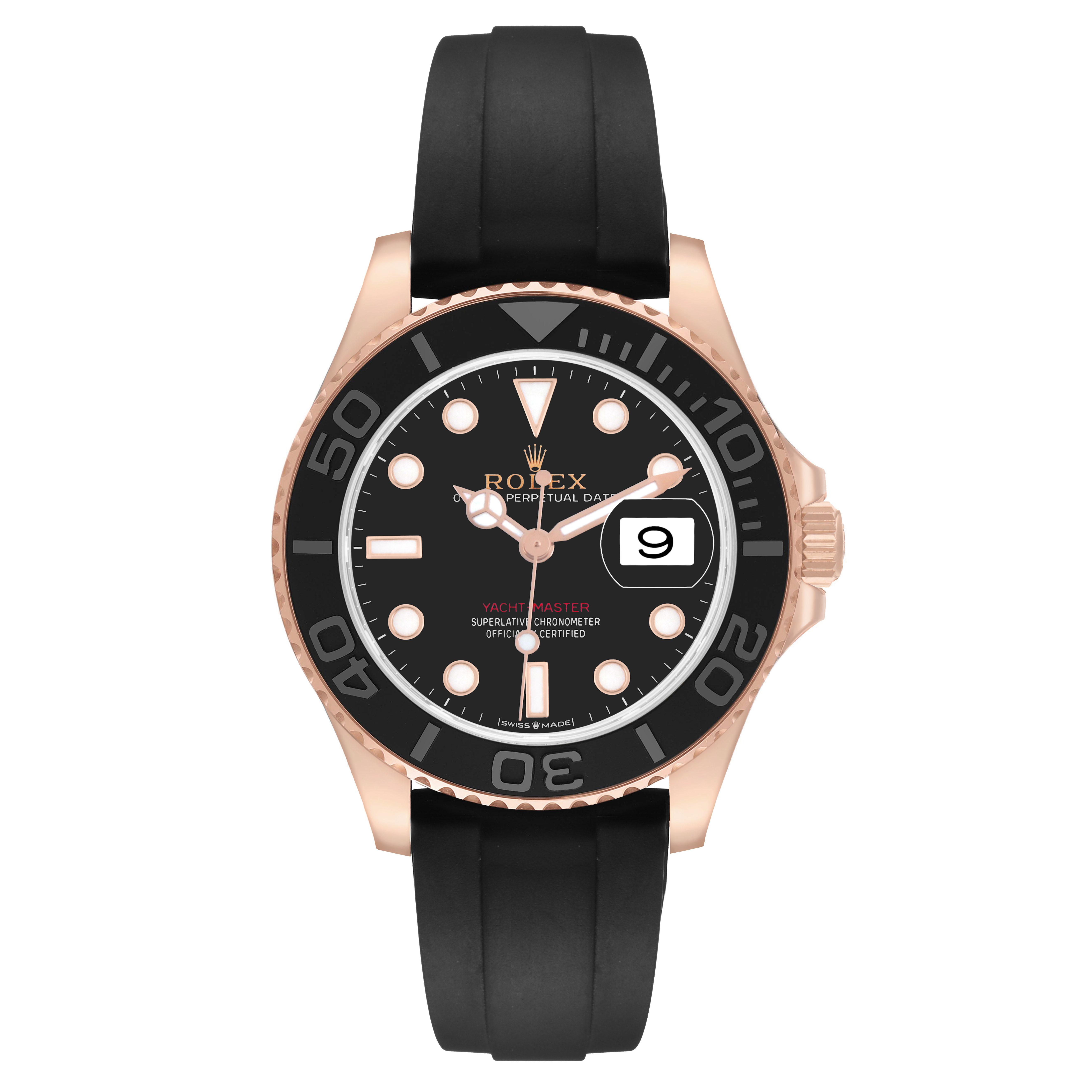 The Rolex Yacht-Master 268655 Men's Rose Gold Black Dial watch is shown from the front, displaying the dial, bezel, case, and strap.