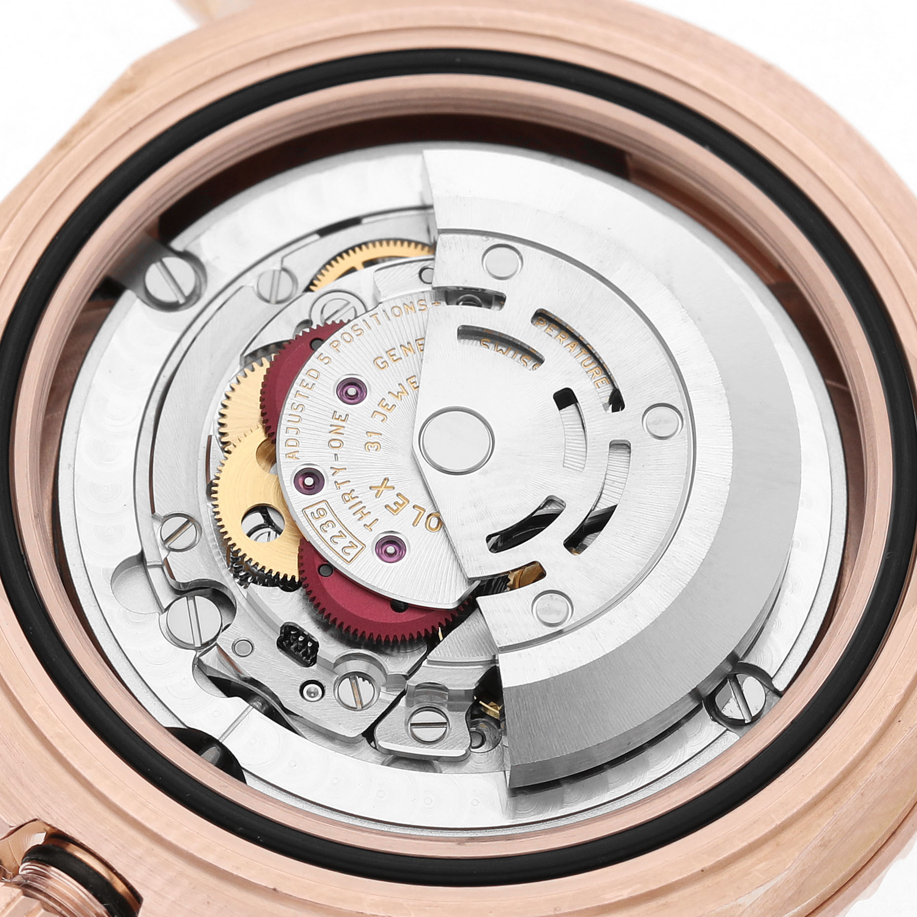 The image shows the movement of a Rolex Yacht-Master 268655 Men's Rose Gold Black Dial watch from a rear angle, focusing on its intricate internal mechanics.