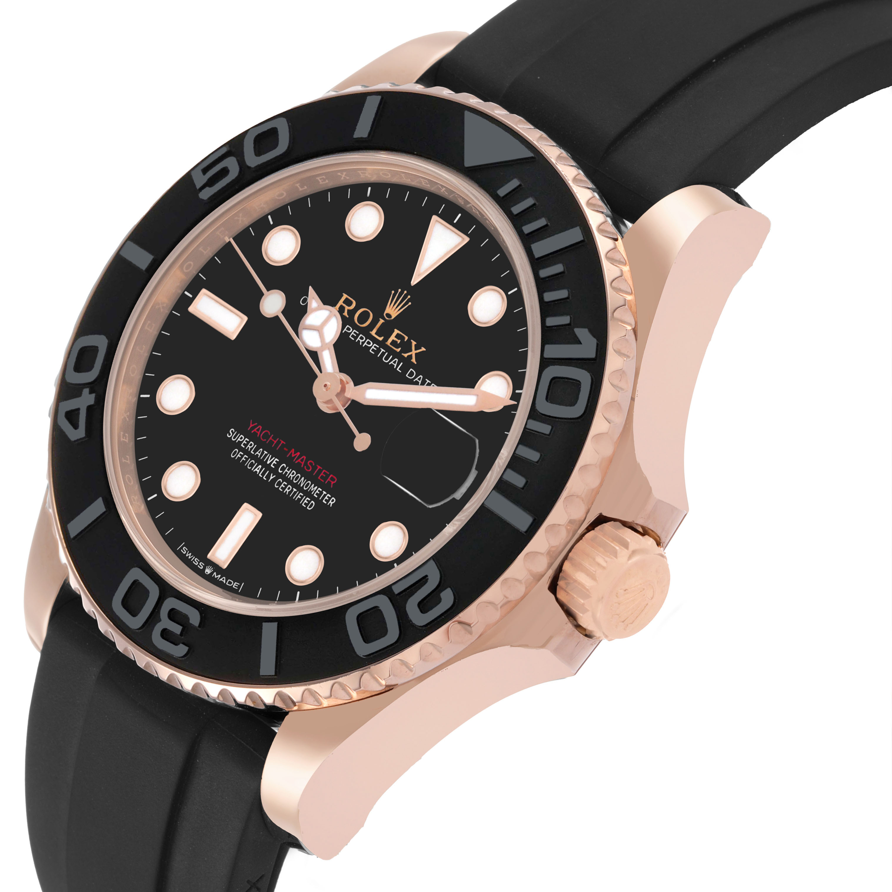 The Rolex Yacht-Master 268655 Men's Rose Gold Black Dial watch is shown from a front and slightly top angle, highlighting the face, bezel, crown, and strap.