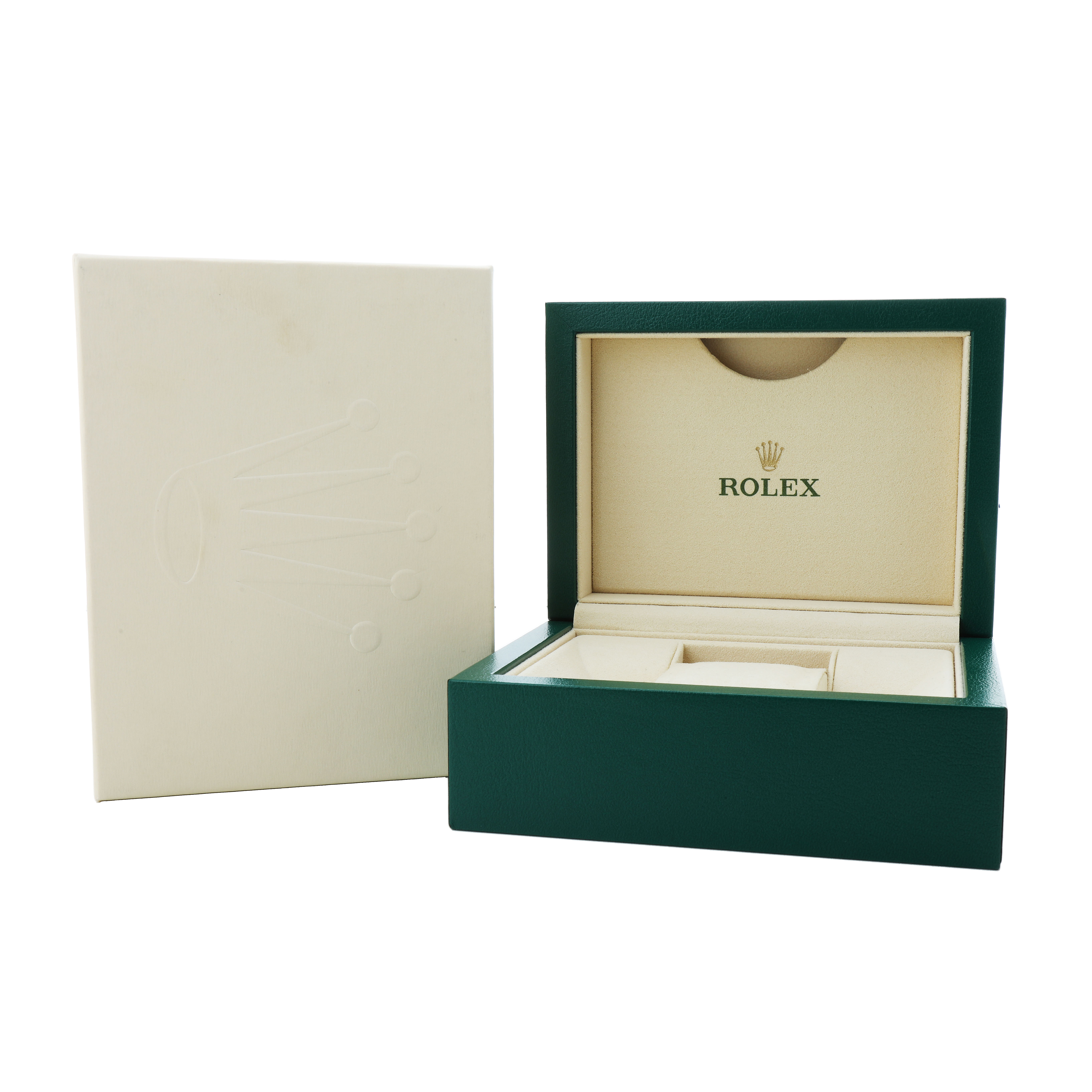 The image shows an open green Rolex Yacht-Master 268655 Men's Rose Gold Black Dial box with its beige interior and an outer box.