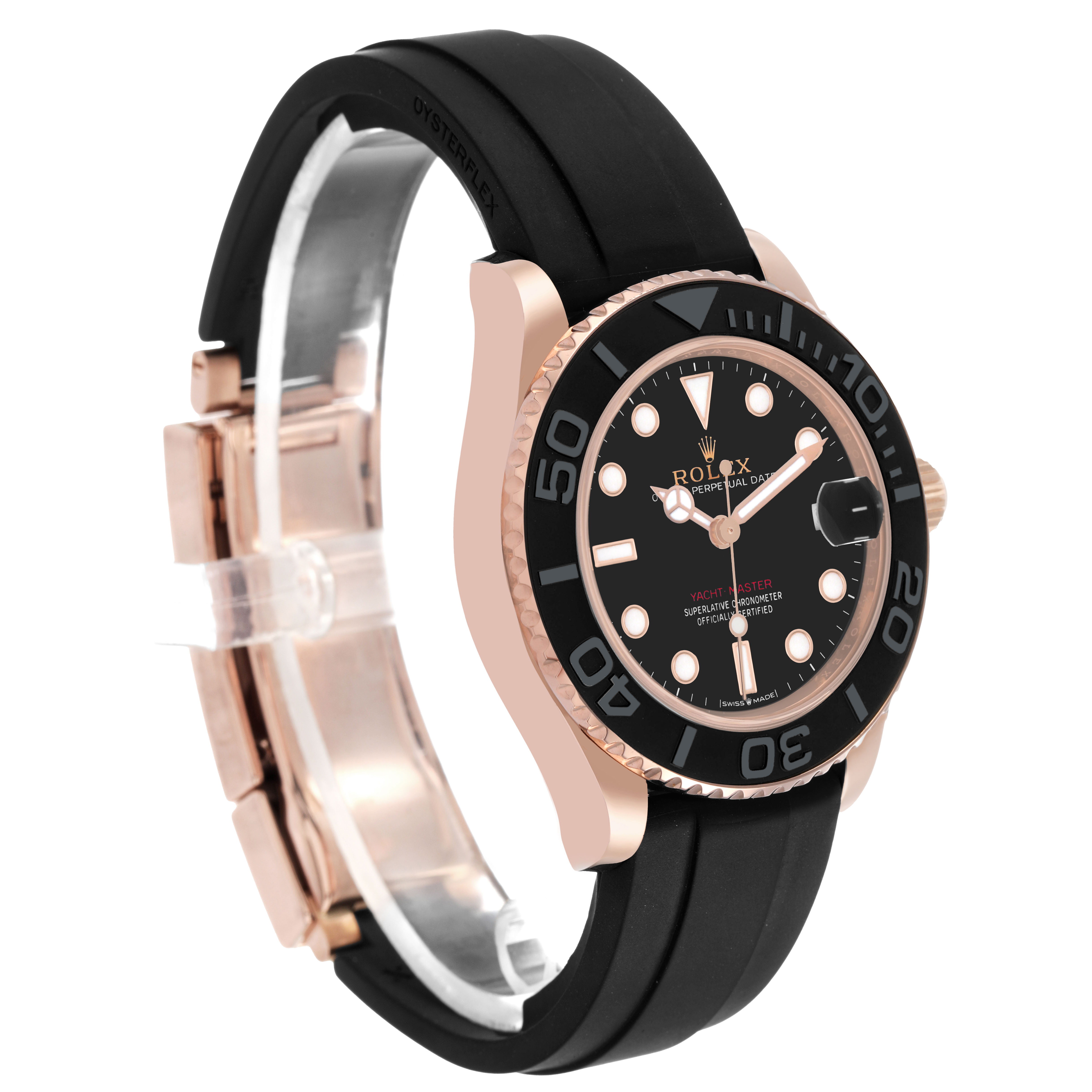 The Rolex Yacht-Master 268655 Men's Rose Gold Black Dial is shown at an angled side view, displaying the bezel, face, case, and Oysterflex strap.