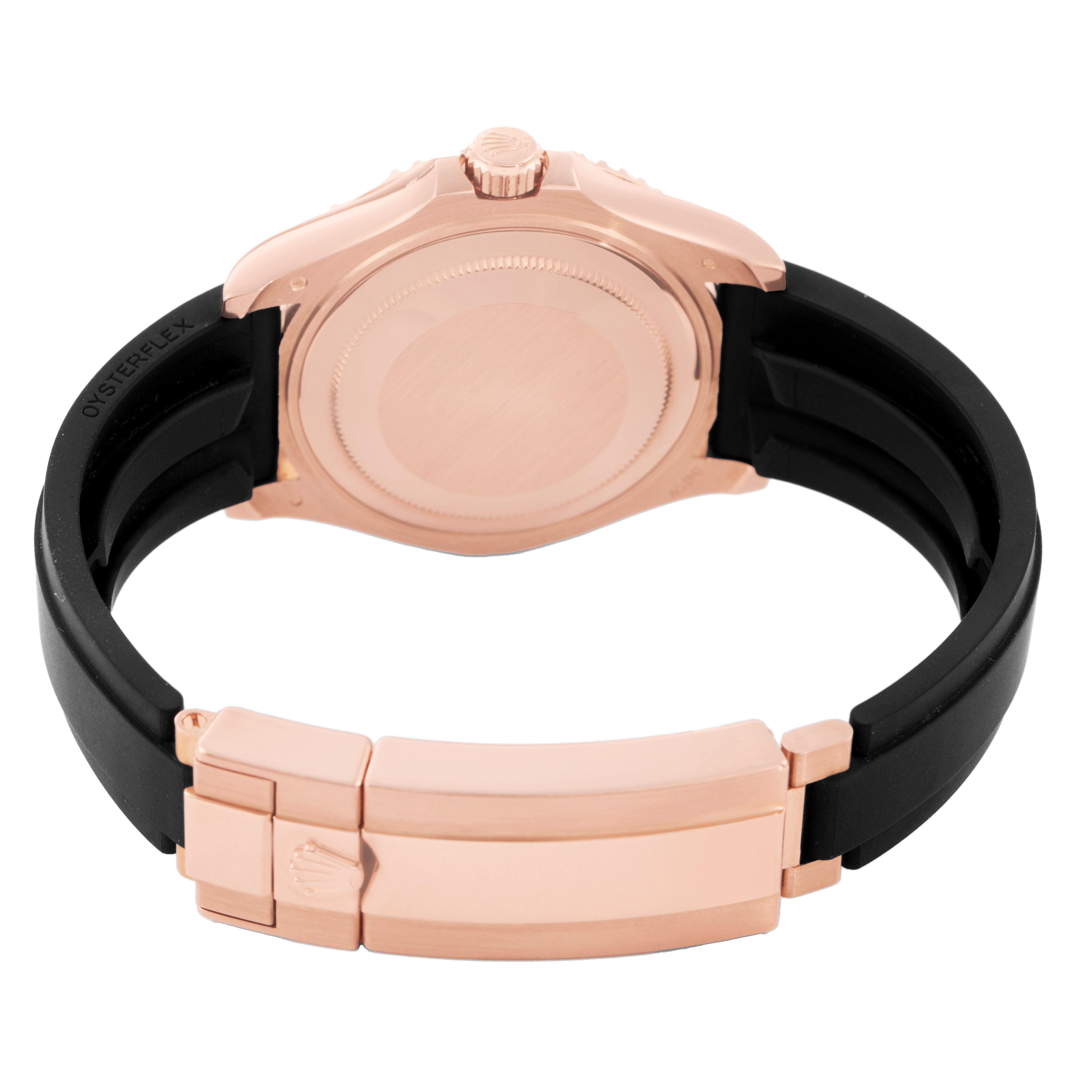 The image shows the back of a Rolex Yacht-Master 268655 Men's Rose Gold Black Dial, focusing on the case back, crown, clasp, and rubber strap.