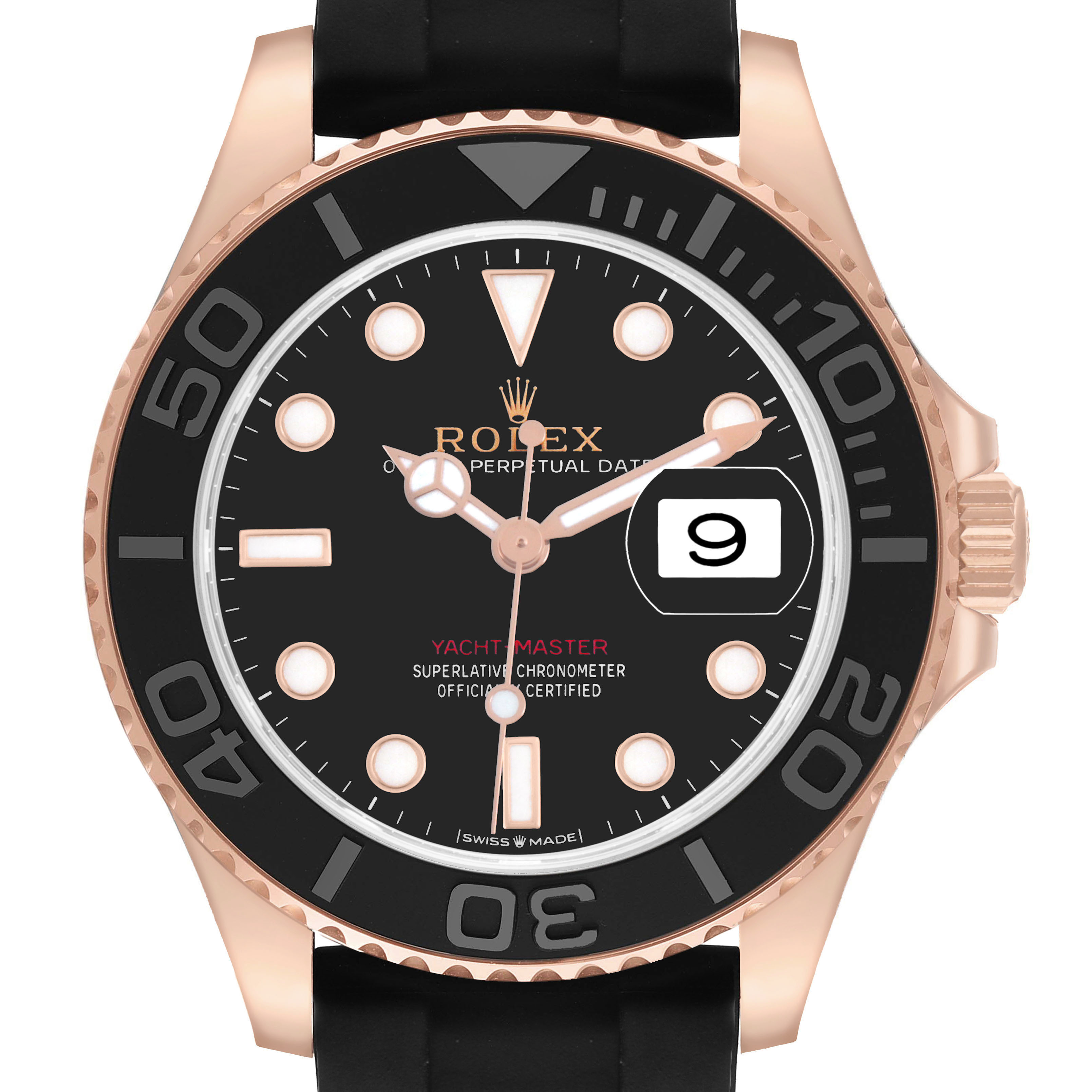 The Rolex Yacht-Master 268655 Men's Rose Gold Black Dial watch is shown from the front, highlighting the dial, bezel, crown, and strap.