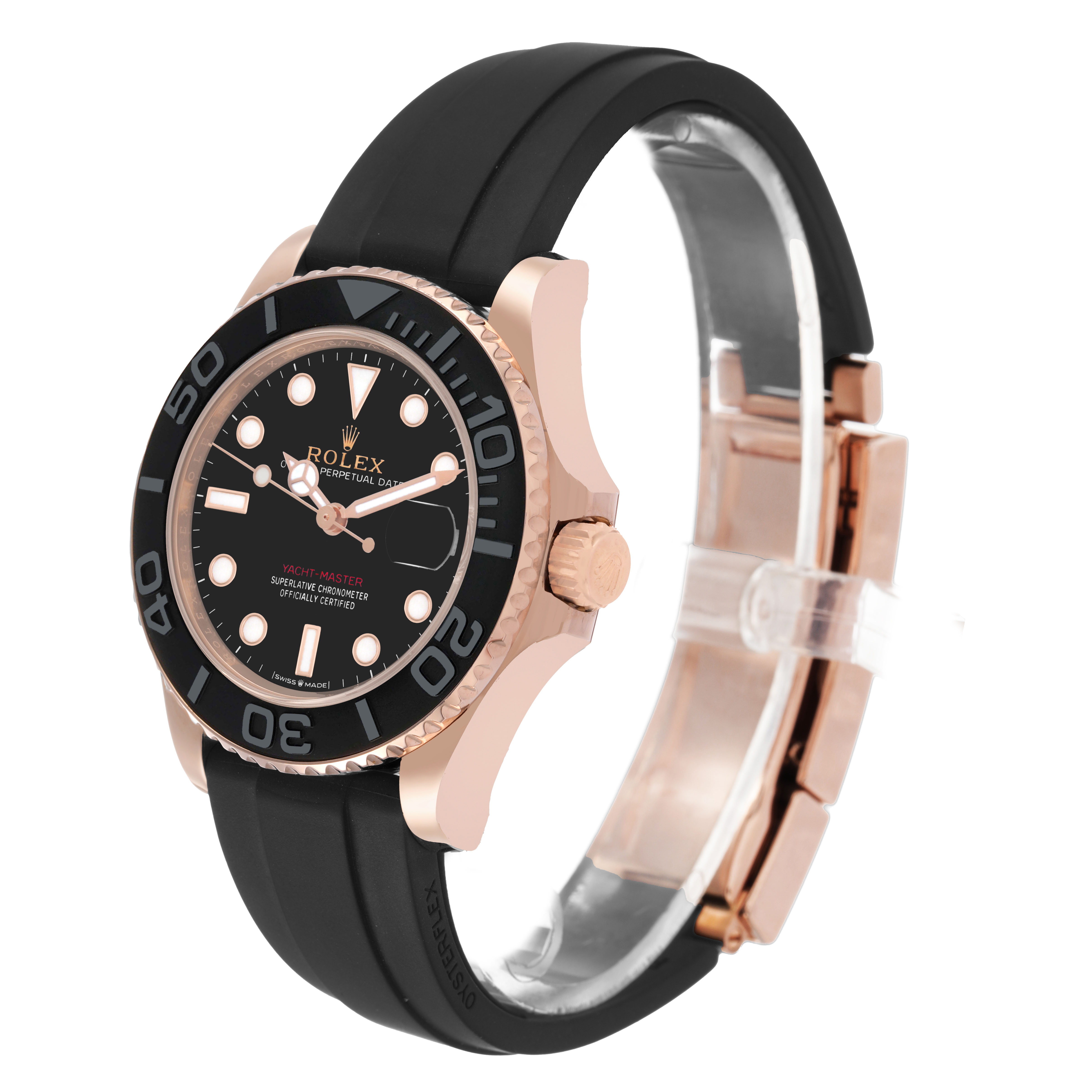 The image shows the Rolex Yacht-Master 268655 Men's Rose Gold Black Dial watch at a three-quarter angle, highlighting the bezel, dial, case, and strap.