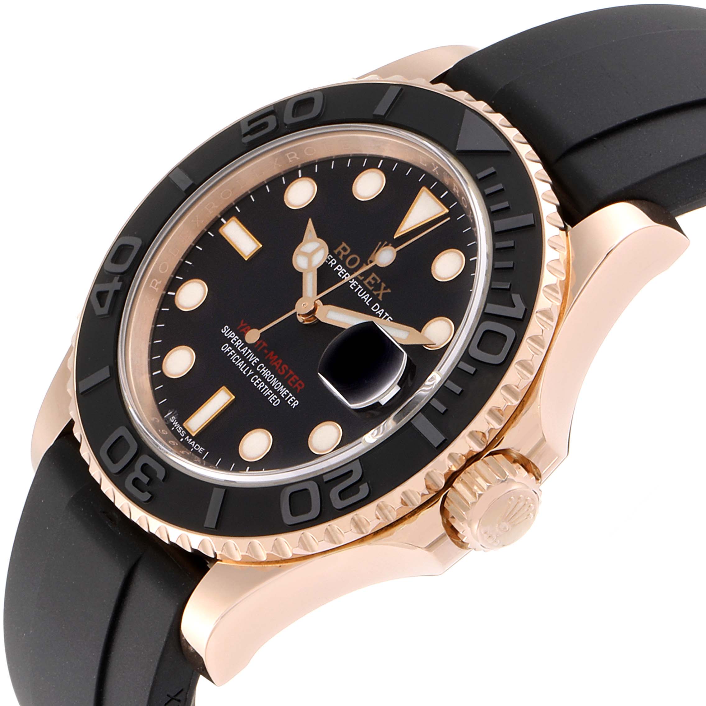 The image shows a Rolex Yacht-Master 116655 Men
s Rose Gold Black Dial 116655 Men
s Rose Gold Black Dial watch from an angled side view, highlighting the dial, bezel, crown, and rubber strap.