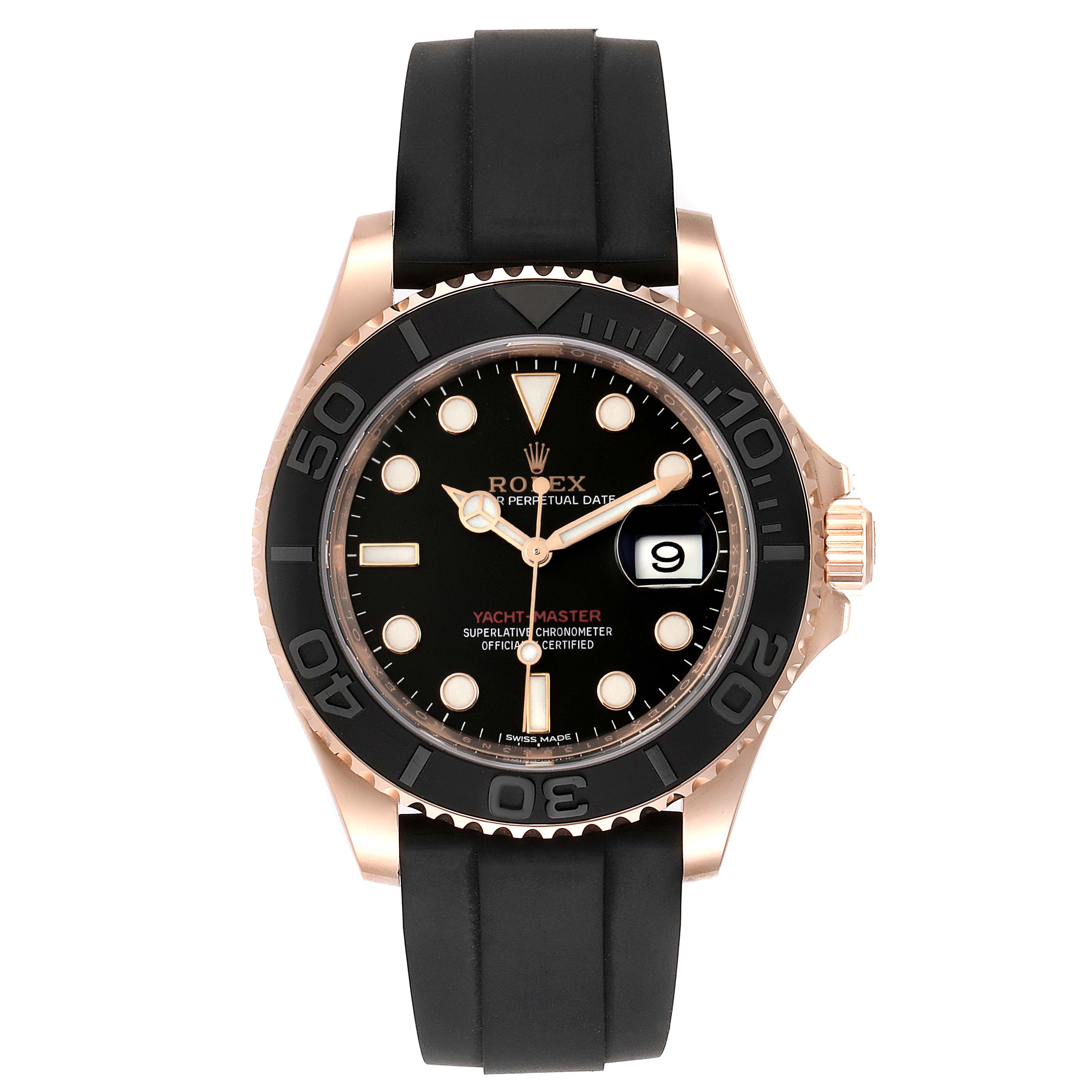 The image shows a front view of a Rolex Yacht-Master 116655 Men
s Rose Gold Black Dial 116655 Men
s Rose Gold Black Dial watch with a black dial, black bezel, and rubber strap.