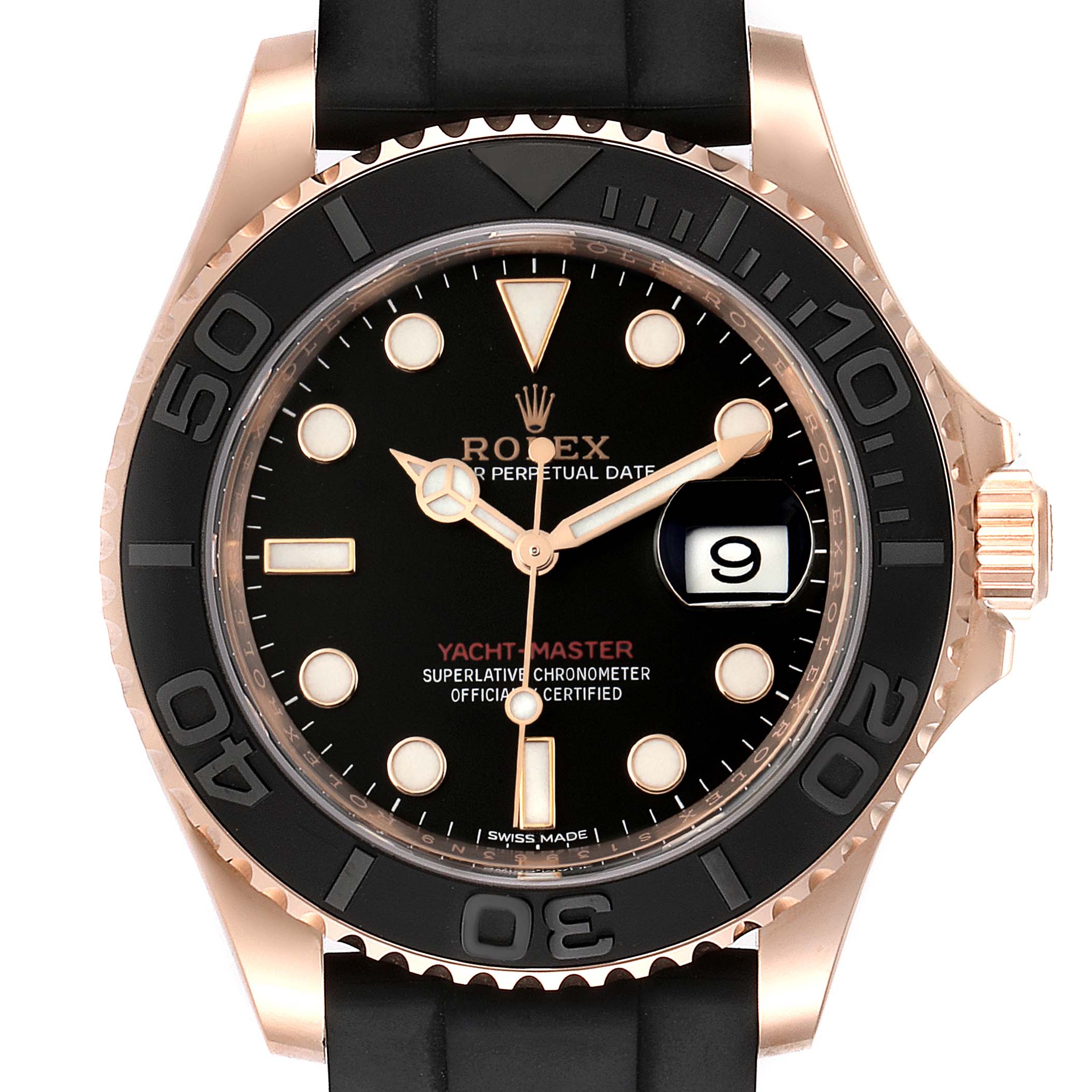 This close-up image shows the face of the Rolex Yacht-Master 116655 Men
s Rose Gold Black Dial 116655 Men
s Rose Gold Black Dial watch, featuring the dial, bezel, and part of the strap.