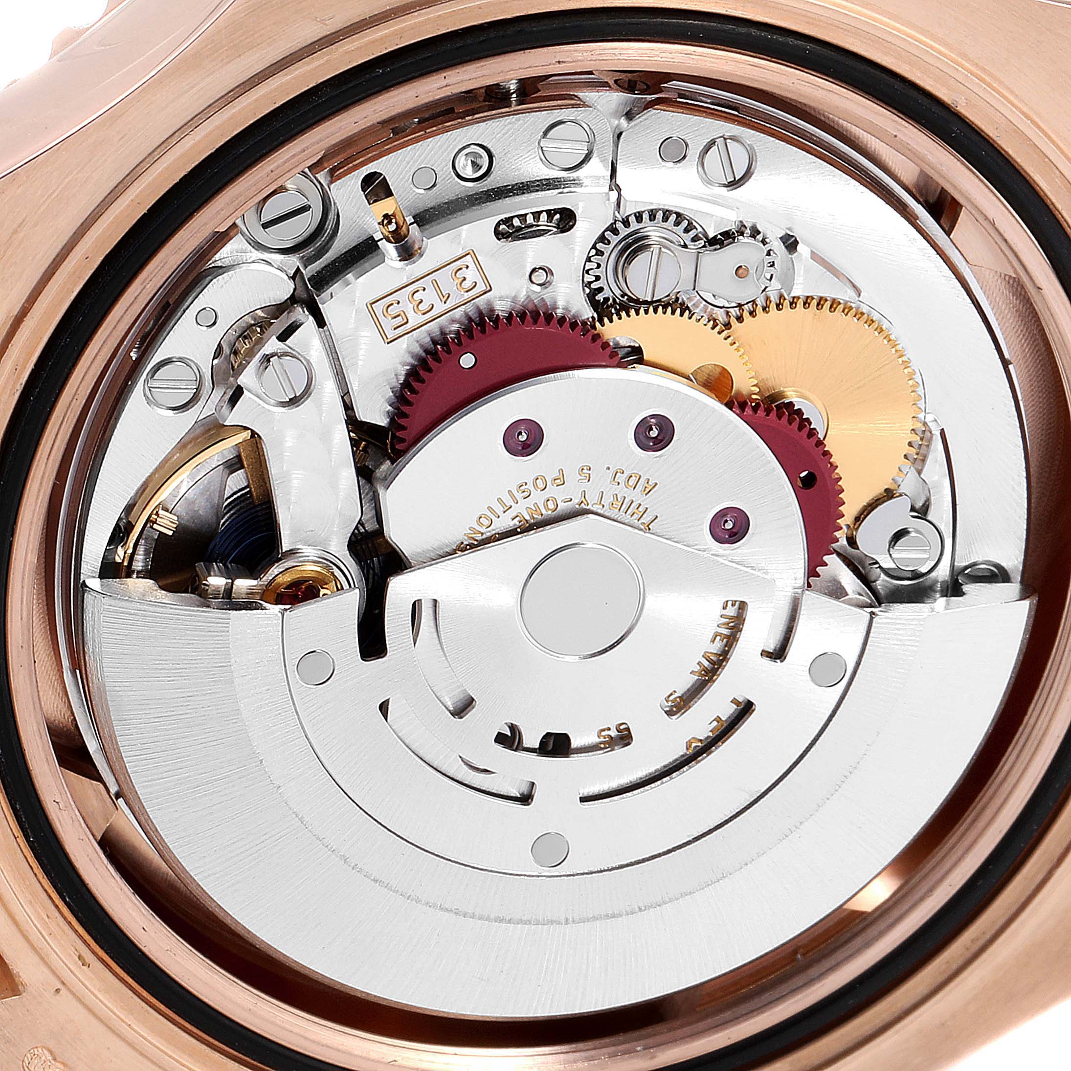 The image shows the internal mechanical movement of the Rolex Yacht-Master 116655 Men
s Rose Gold Black Dial 116655 Men
s Rose Gold Black Dial watch from a rear view angle.