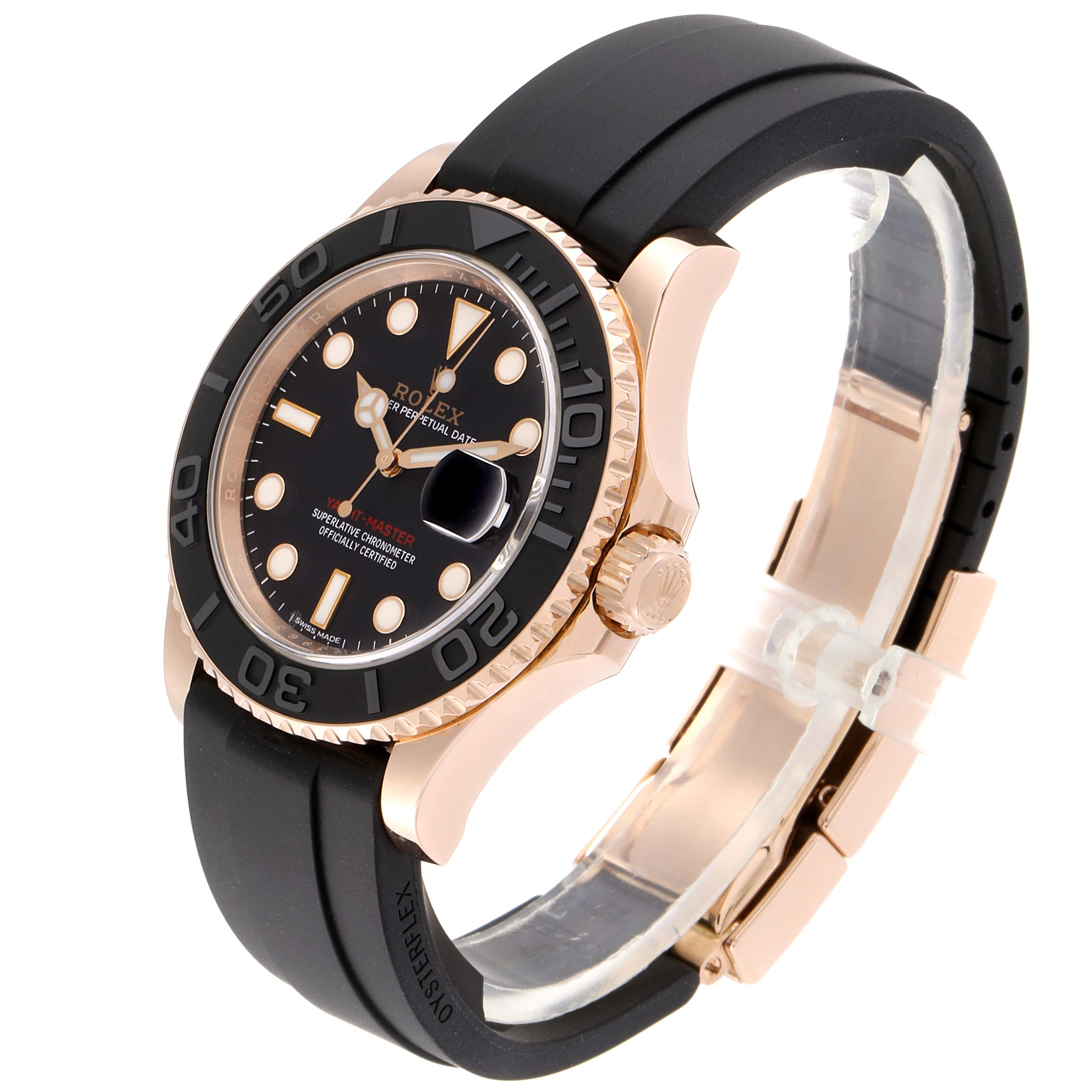 The Rolex Yacht-Master 116655 Men
s Rose Gold Black Dial 116655 Men
s Rose Gold Black Dial watch is shown at a three-quarter angle, displaying its dial, bezel, crown, and black rubber strap.