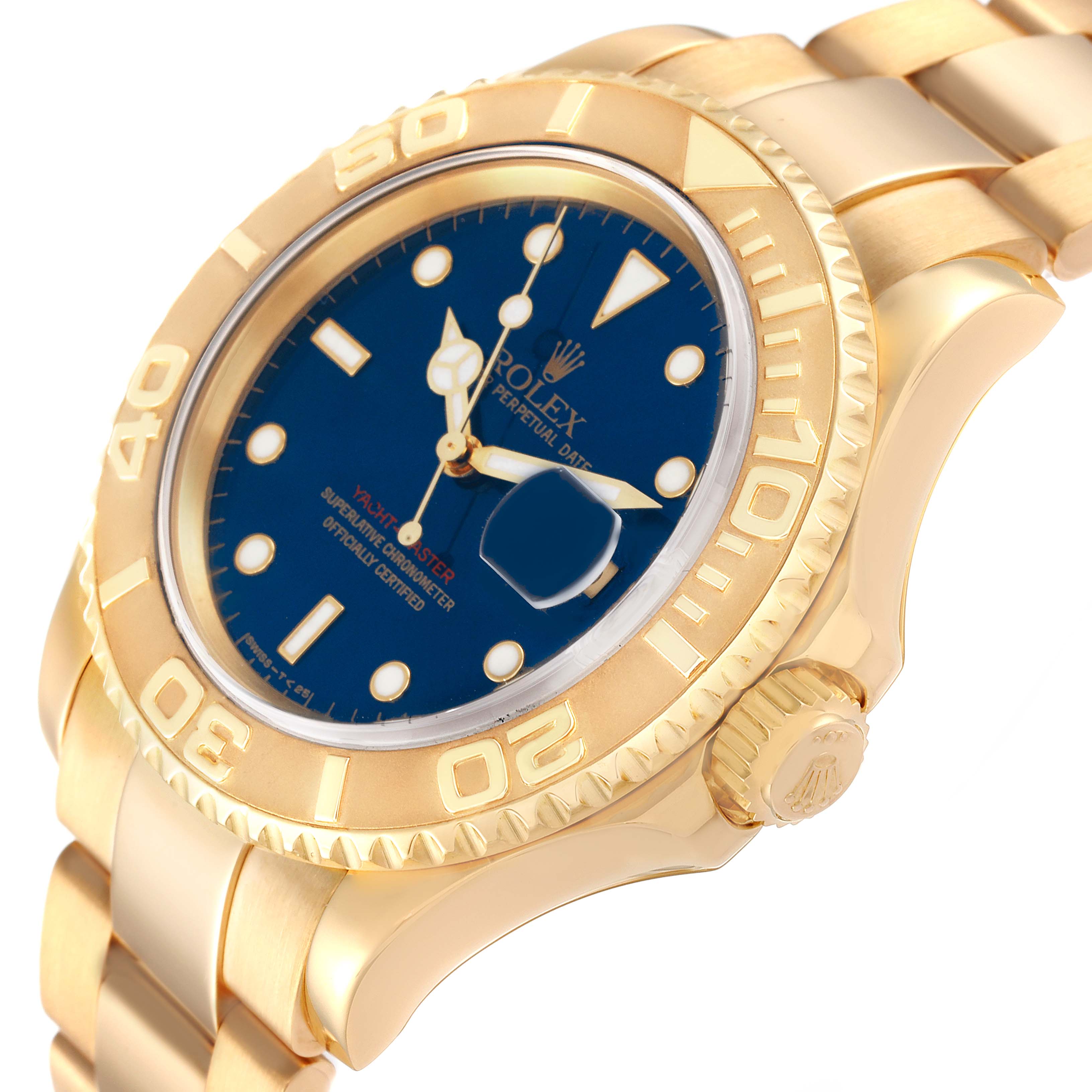 The image shows a close-up angle of a Rolex Yacht-Master 16628 Men
s Yellow Gold Blue Dial 16628 Men
s Yellow Gold Blue Dial watch, highlighting its gold case, blue dial, bezel, and bracelet.