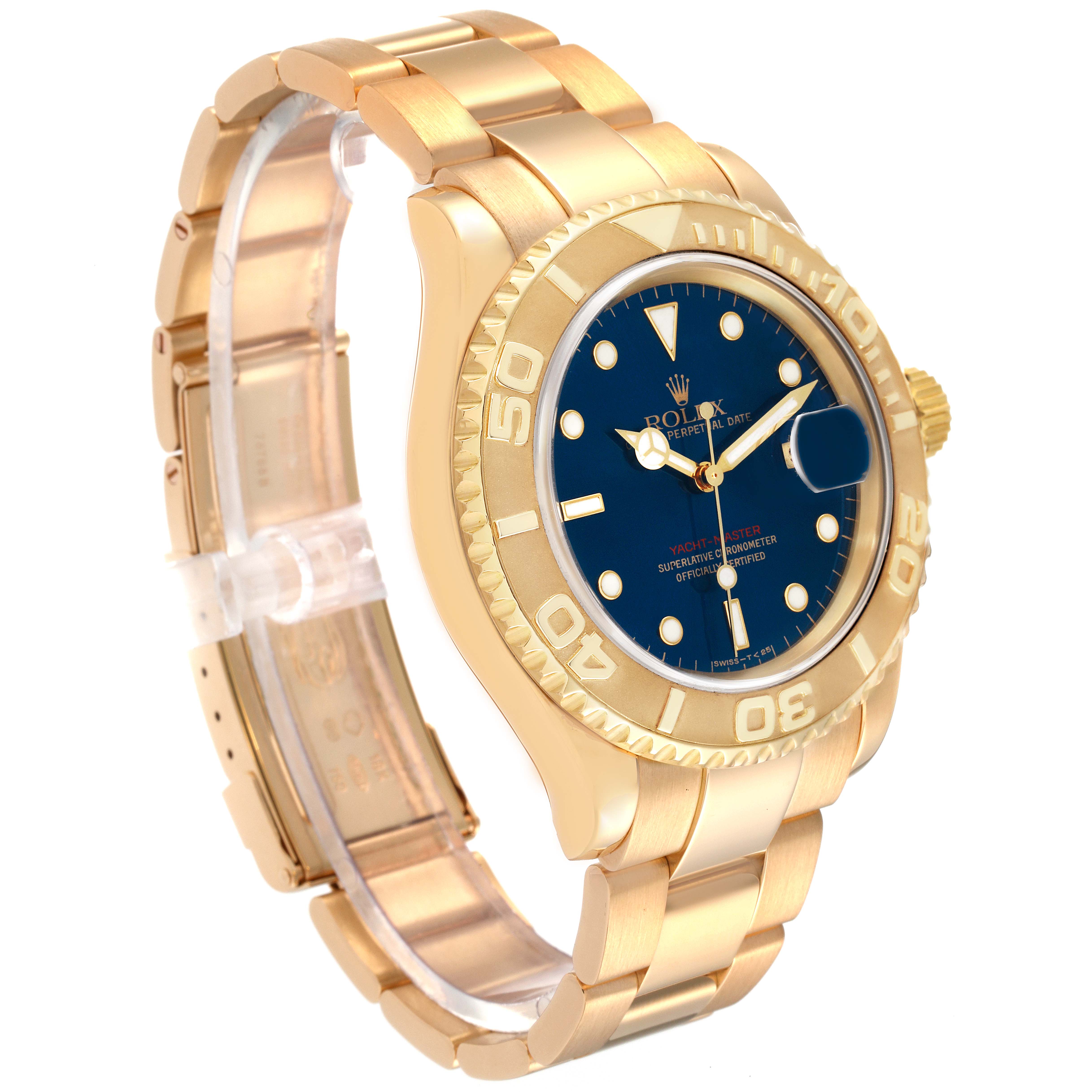 The image shows the Rolex Yacht-Master 16628 Men
s Yellow Gold Blue Dial 16628 Men
s Yellow Gold Blue Dial watch at a side angle, highlighting the bracelet, bezel, and dial.