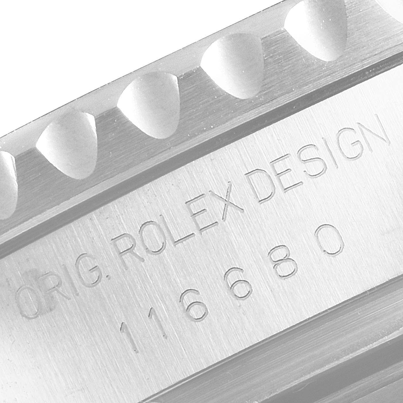 The image shows a close-up of the side of a Rolex Yacht-Master 116680 Men's Stainless Steel White Dial 116680 Men's Stainless Steel White Dial watch, highlighting the engraved bezel and design details.