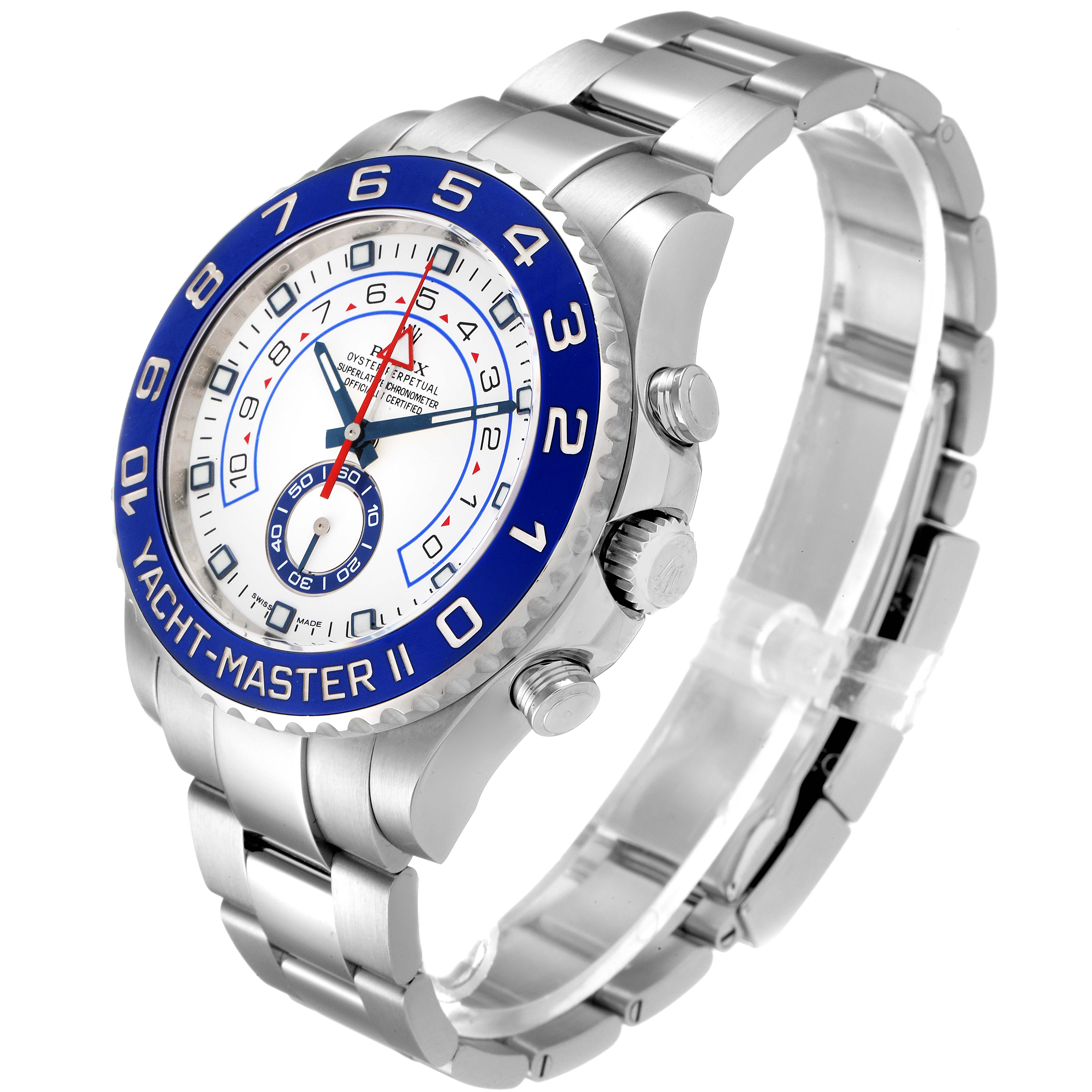 The image shows a Rolex Yacht-Master 116680 Men's Stainless Steel White Dial 116680 Men's Stainless Steel White Dial II watch from an angled front view, highlighting its bezel, dial, and bracelet.
