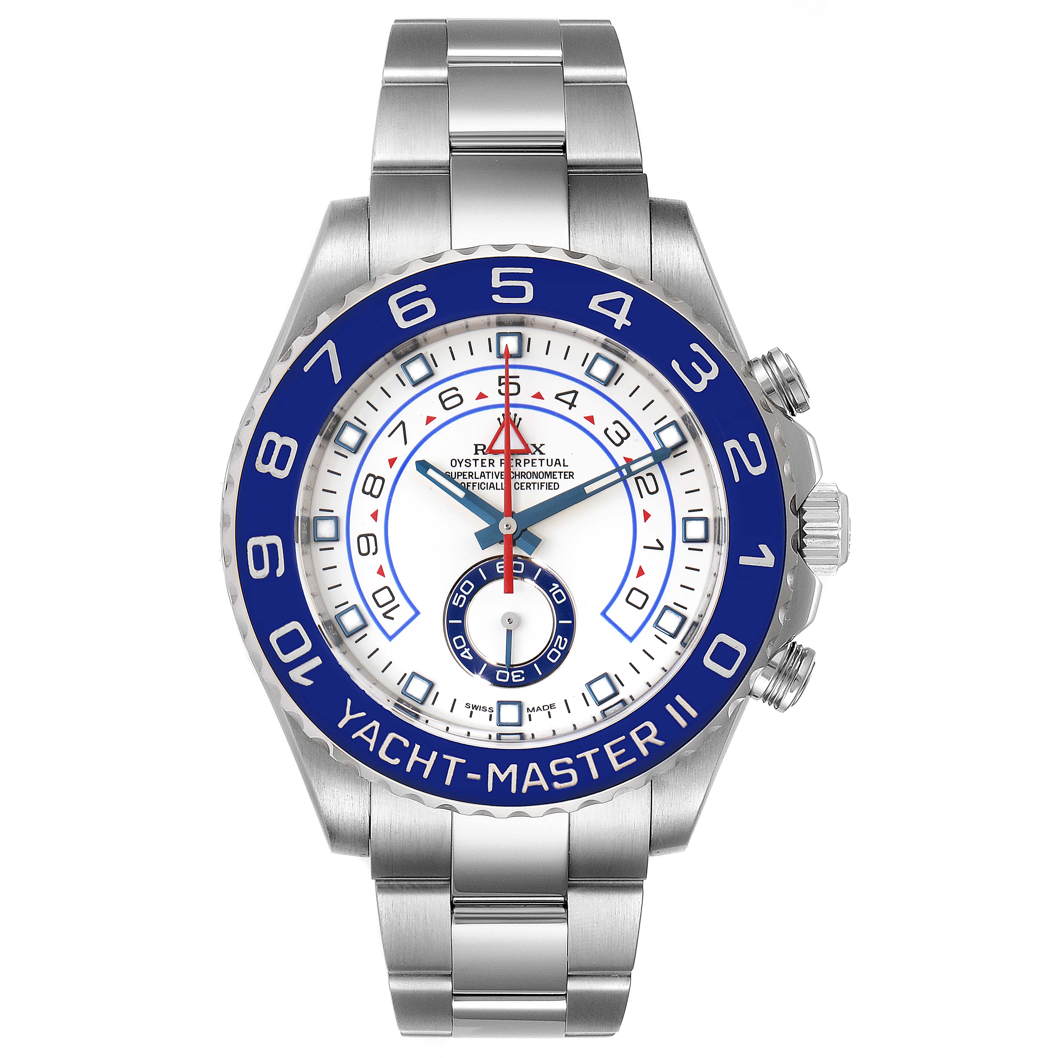 The image shows a front view of a Rolex Yacht-Master 116680 Men's Stainless Steel White Dial 116680 Men's Stainless Steel White Dial II watch, highlighting the dial, bezel, case, and bracelet.
