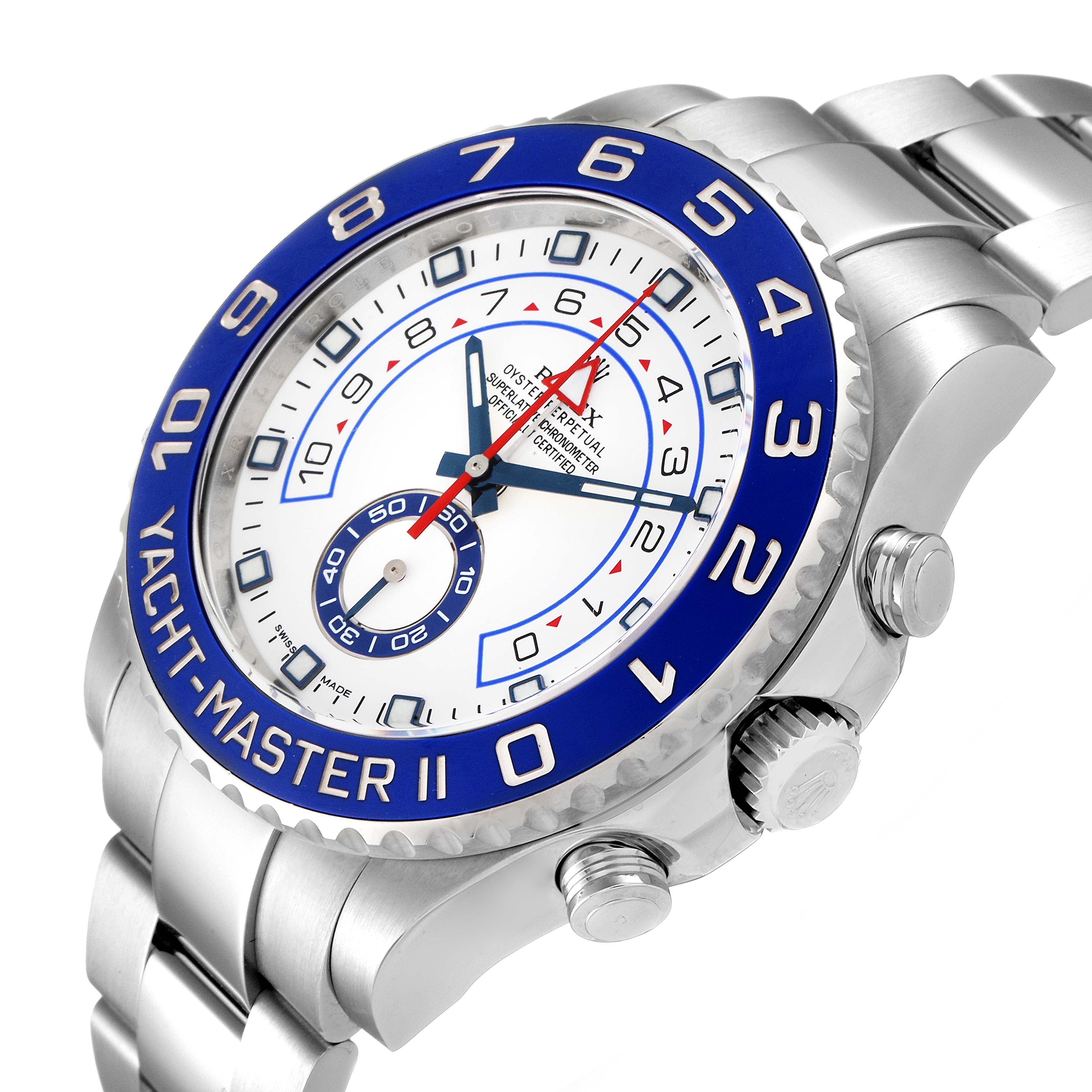 The Rolex Yacht-Master 116680 Men's Stainless Steel White Dial 116680 Men's Stainless Steel White Dial watch is shown at an angled close-up, highlighting its dial, bezel, and crown.